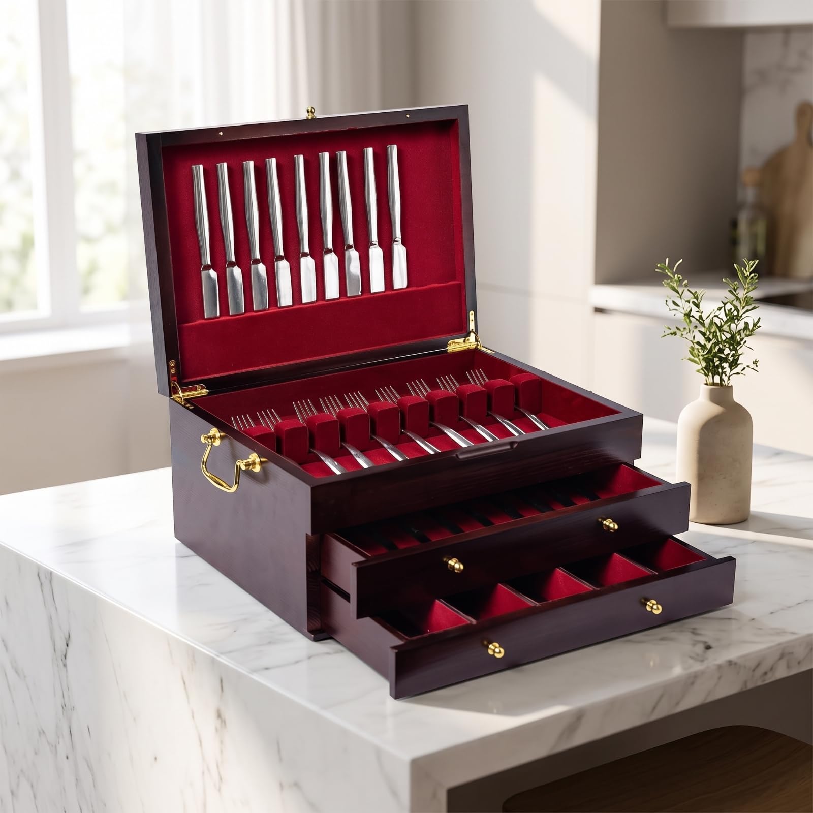 Scatola Portaposate con Interno in Velluto Lucido Scatola Portaposate Naturale Contenitore per Famiglie, Cucina, Tre Strati 39 29 17.5cm