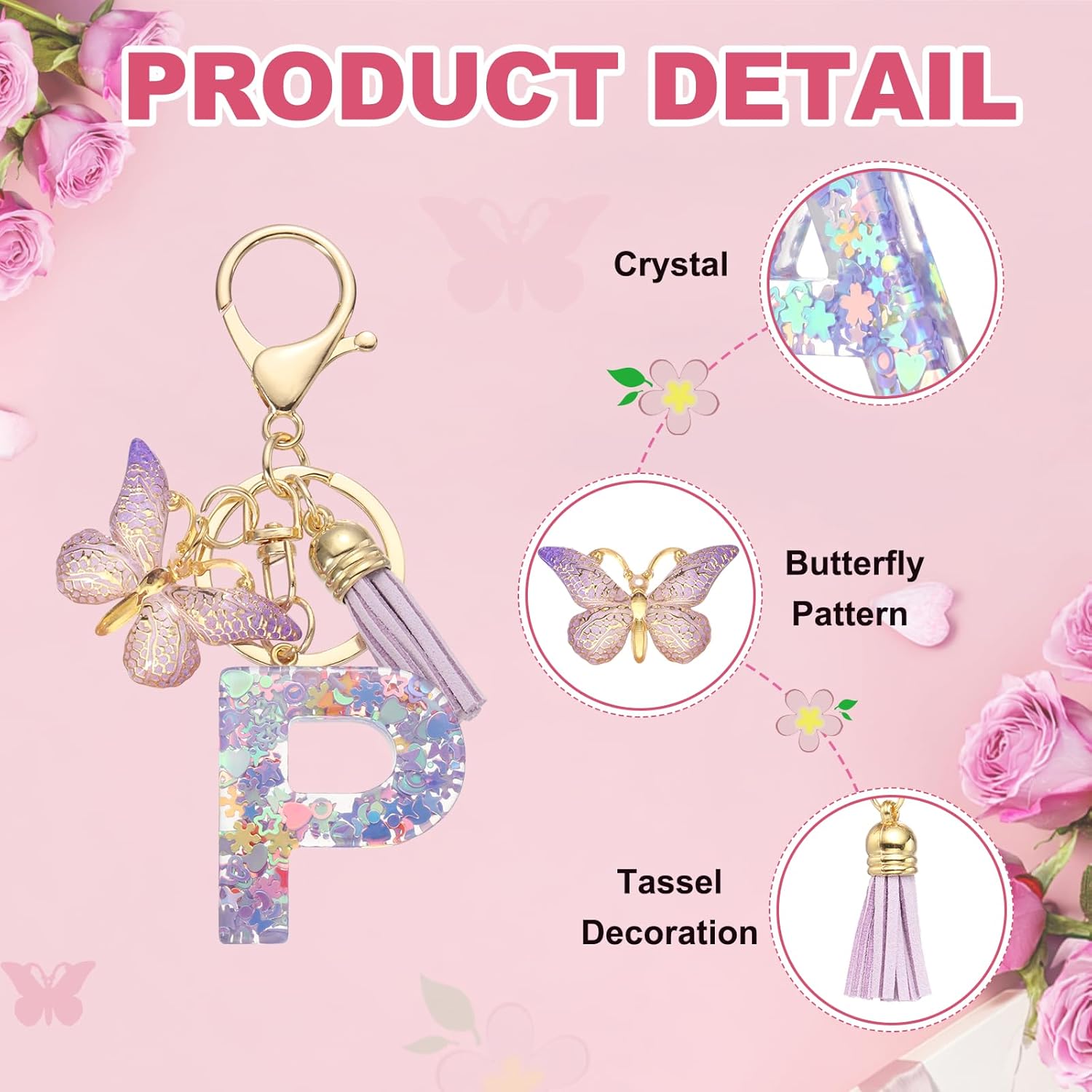 PATIKIL Alphabet Initial Letter Keychain, Crystal Cute Keychains with Tassel Butterfly Pendant Charm for Backpack Key - Image 3