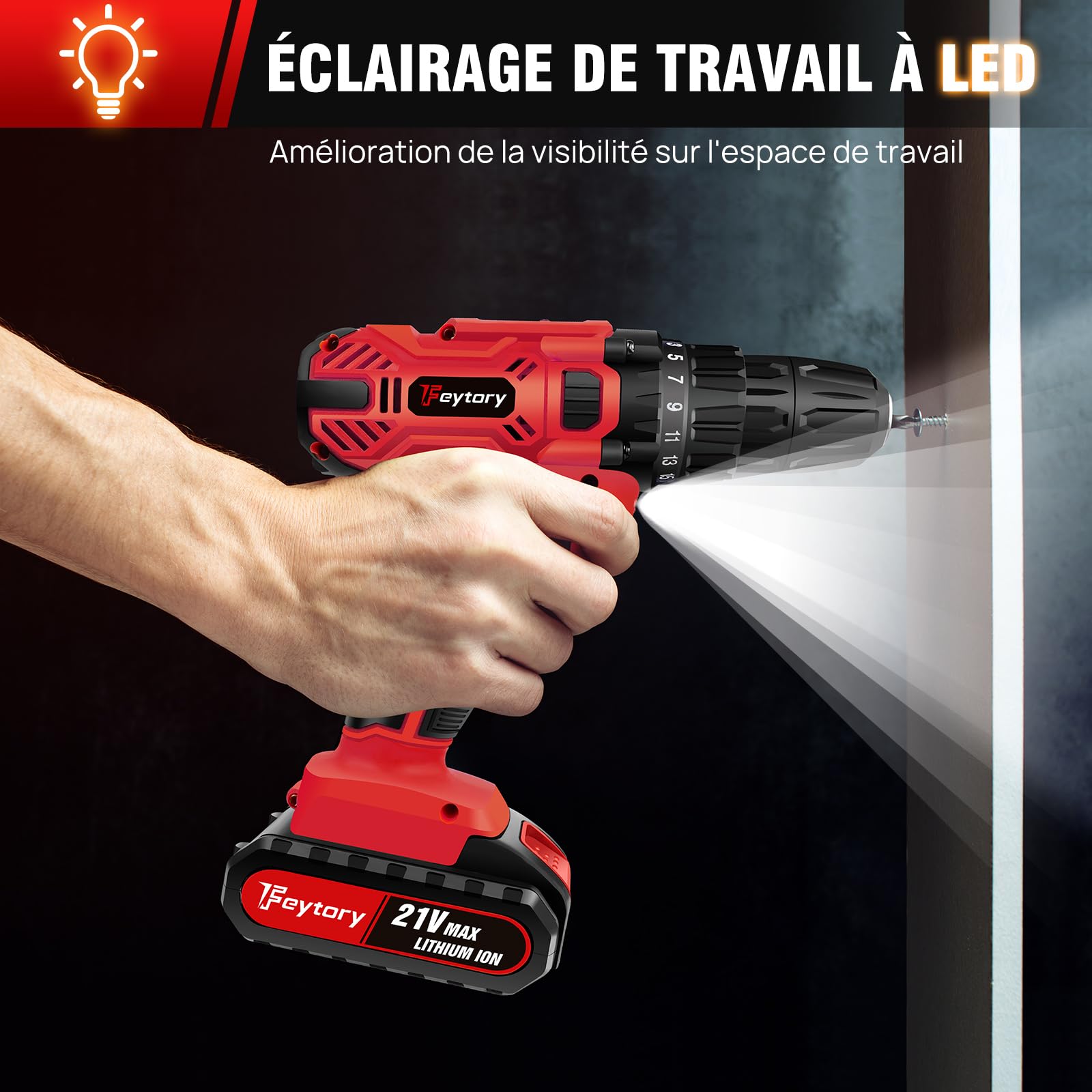 Perceuse Visseuse Sans Fil, 21V Visseuse Devisseuse avec 2 Batteries, 45Nm Perceuse Percussion, 25+1 Réglages de Couple, 10mm Métal Mandrin Verrouillage, 2 Vitesses, 29 Accessoires, LED Light