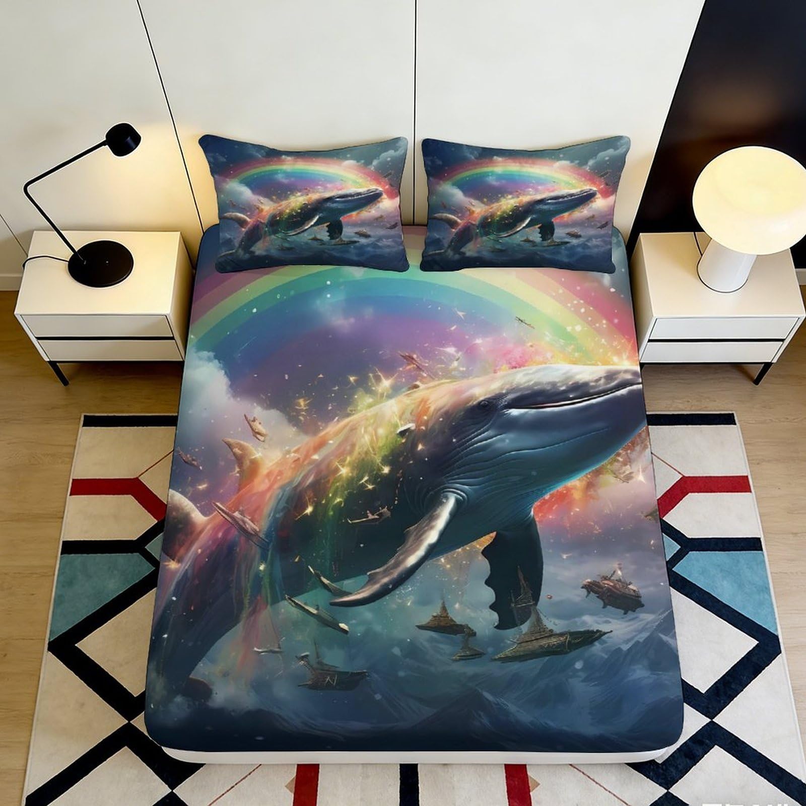 3D Printed Whale Rainbow Fitted Sheet Microfiber Deep Pocket Non-Slip Bedding Elastic Hem Whale Mattress Fitted Cover for Bedroom Home Use 90x200x25cm