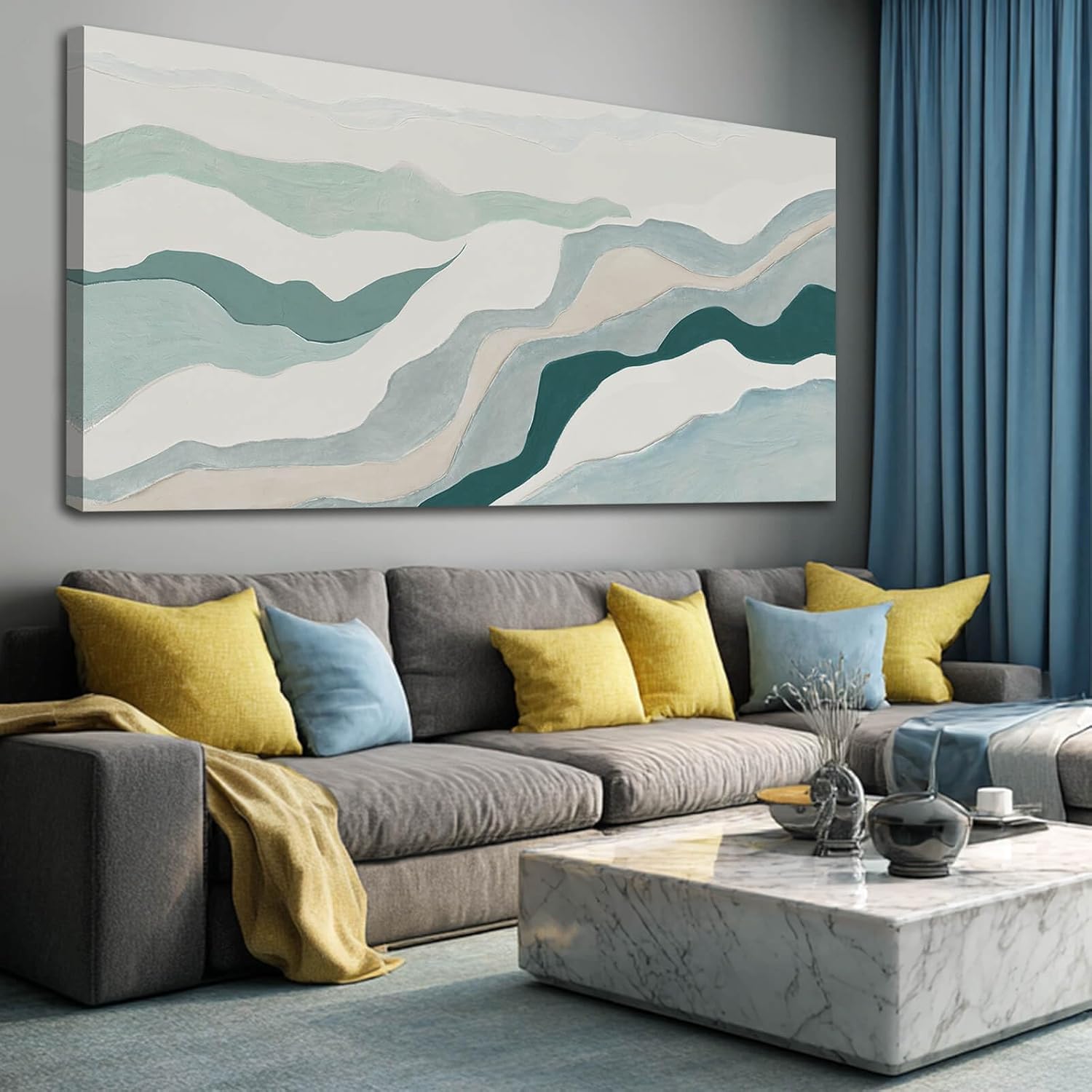 Beige and Teal Abstract Wall Decor Framed Canvas Wall Art for Living Room Minimalist Home Decor Contemporary Posters Prints for Dining Room Home 29x58 Inch