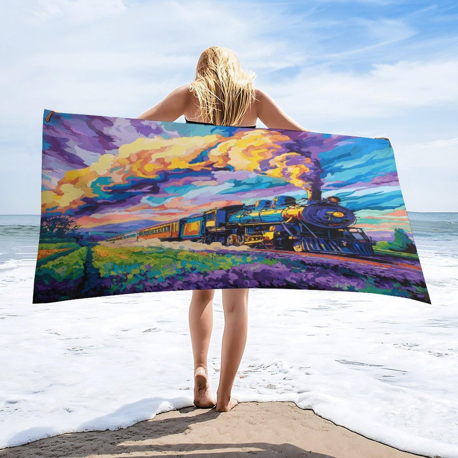 LUYYSKY Funny Realistic Antique Train Absorbent Beach Towel, Mid Century Retro Sunset Forest Steampunk Steam Train Outdoor Single-Sided Velvet Beach Towel-80 W cm x 160" L cm