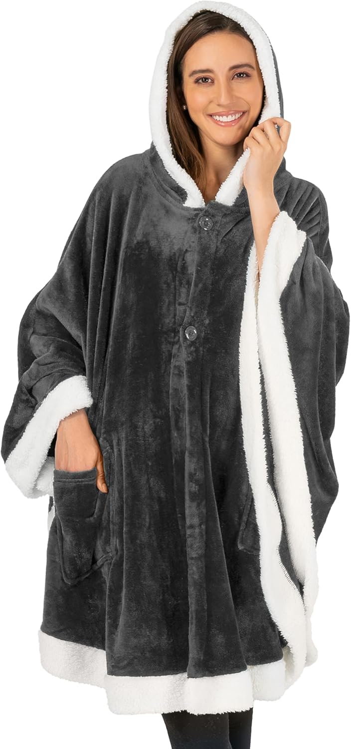 PAVILIA Wearable Blanket for Adult Women, Cozy Plush Fleece Blanket Poncho Cape with Hood, Super Soft Shawl, Angel Wrap Throw for Office, Dark Gray - Image 4
