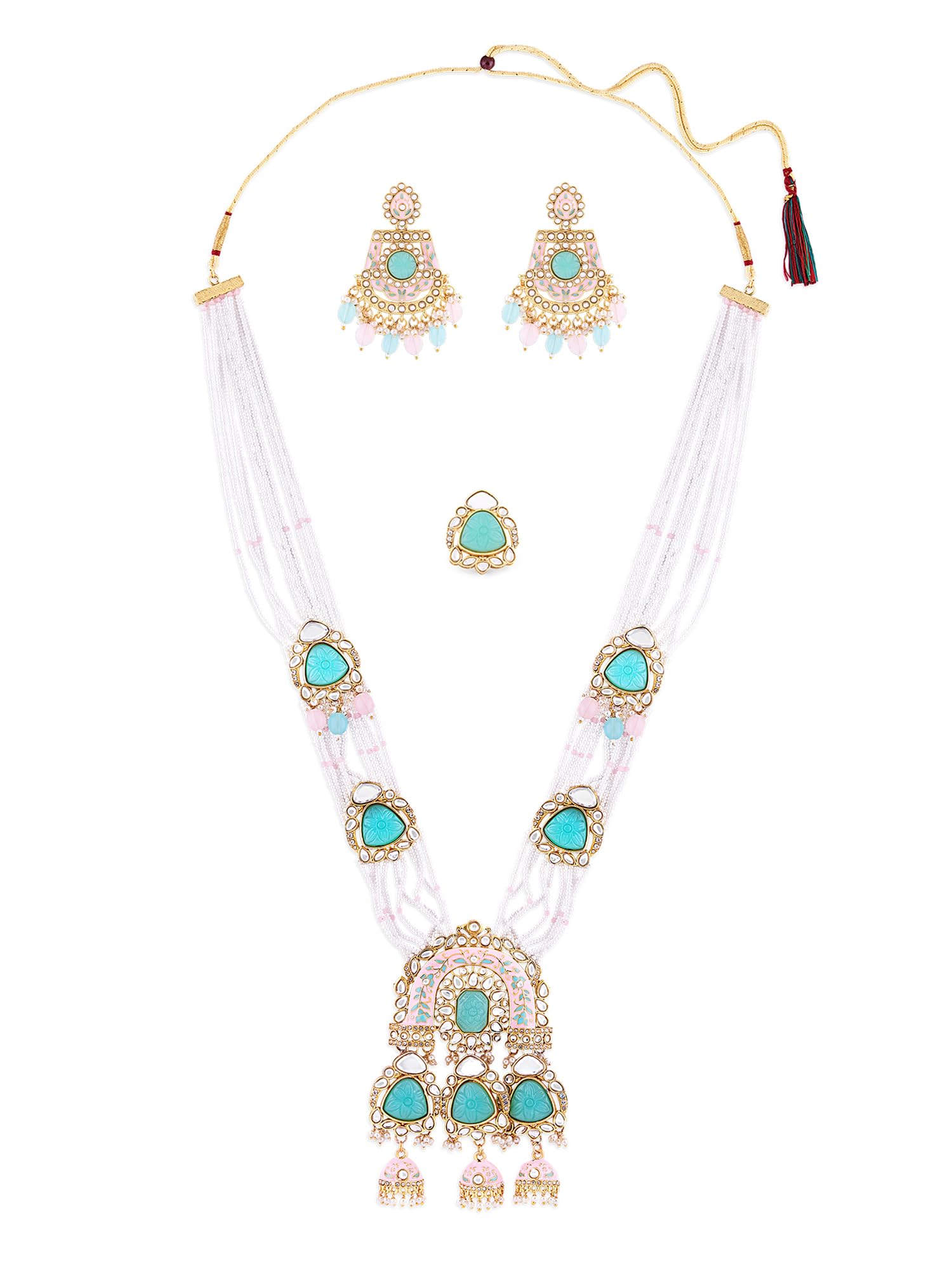 ZAVERI PEARLS Pink Mint Green Meenakari Bridal Multistrand Long Necklace Earring & Rinng Set For Women-ZPFK16145 (B0C4TXLHF5) Amazon Price History, Amazon Price Tracker