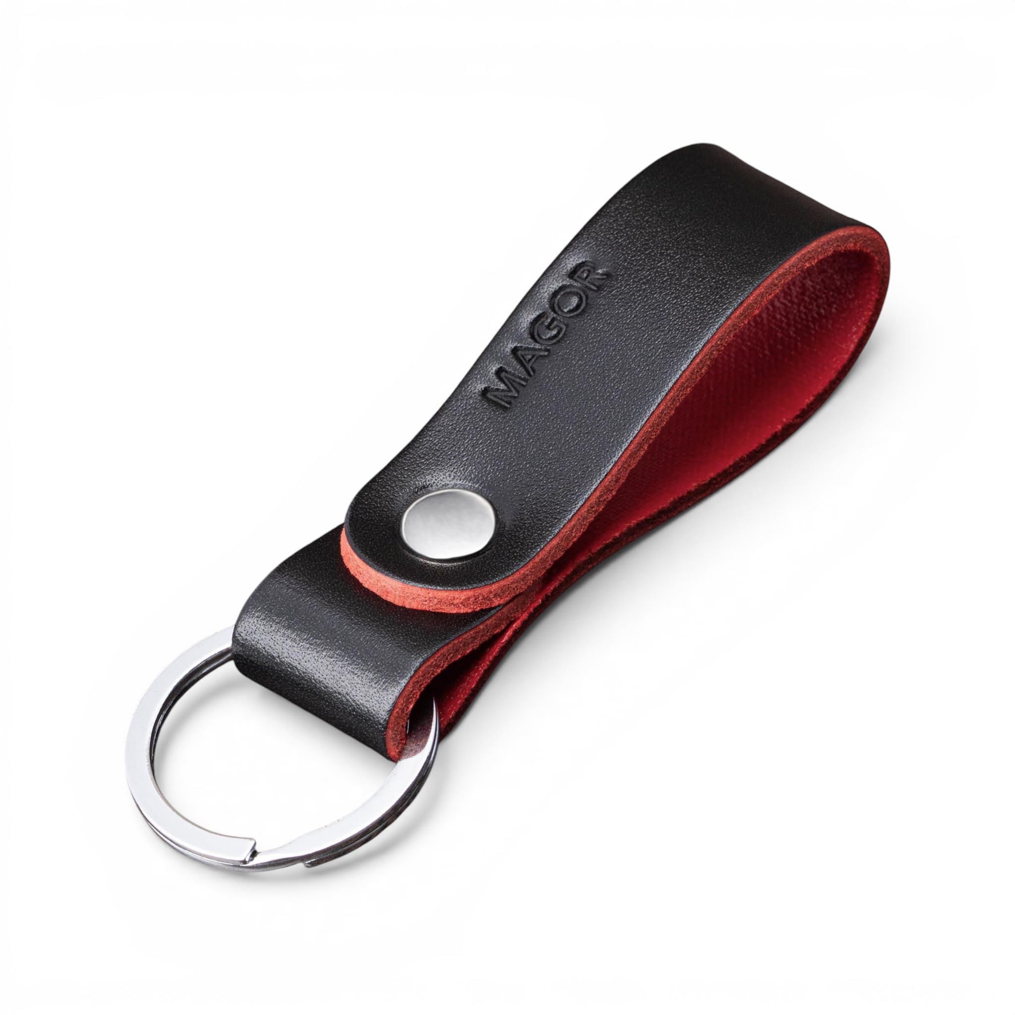 MAGOR Handmade Full Grain Leather Keyring for Men & Women – Classic Minimalist Leather Keychain, Car Key Ring, Gift for Him Her (Black Leather with Red Interior/Silver Hardware)