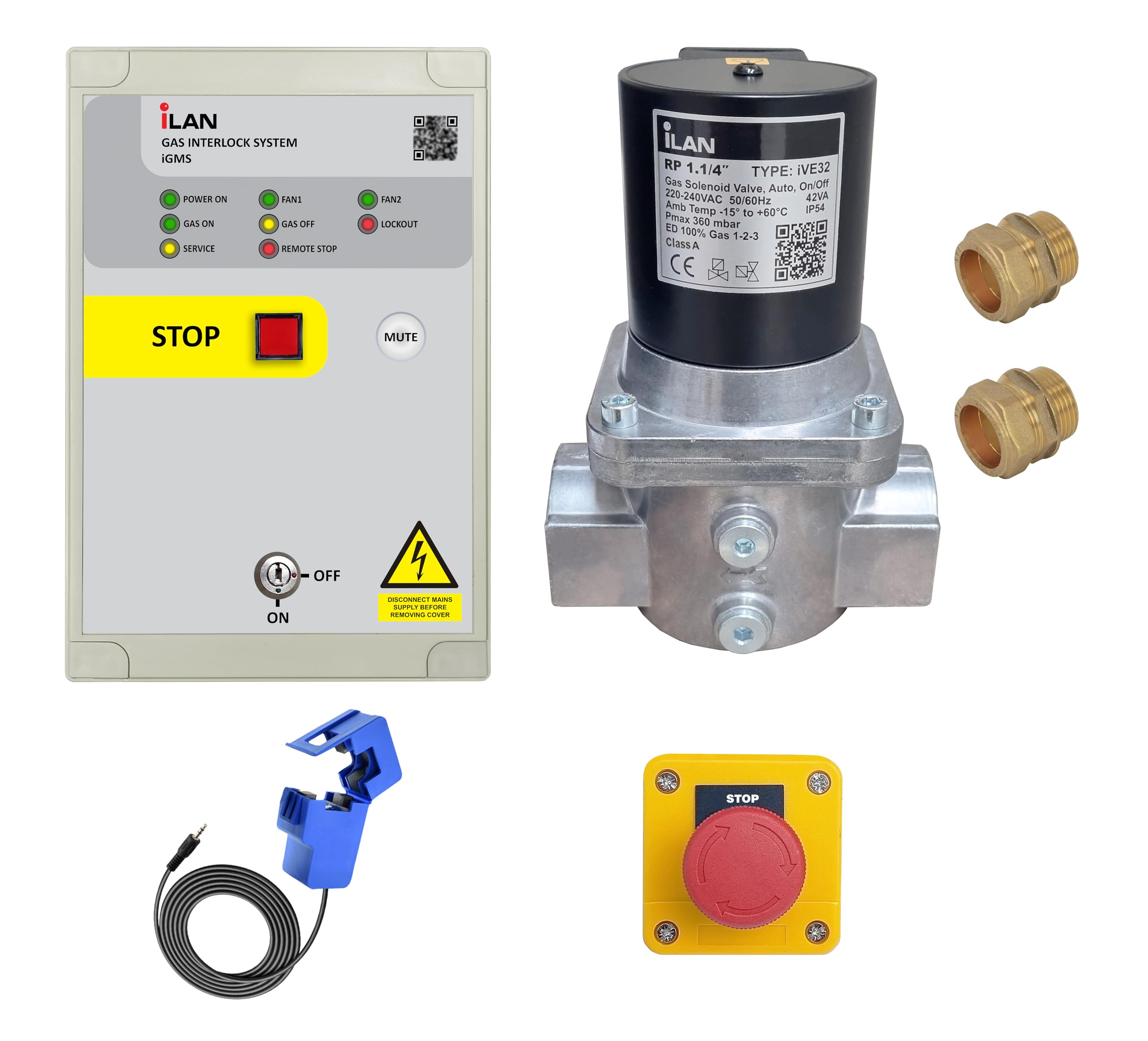 iLAN iGMS Gas Interlock System Kit with Built-in & External Fan Current Clamp Sensors Including Gas Solenoid Valve 1.1/4" (35mm)