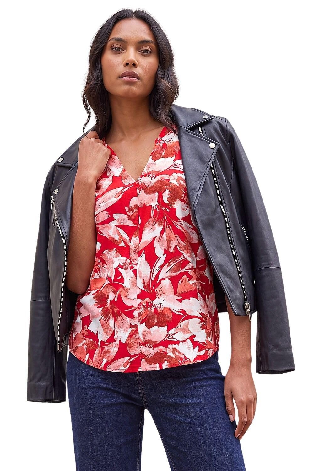 Roman Originals Printed V-Neck Stretch Shirt for Women UK - Ladies Everyday Holiday Spring Summer V-Neckline Comfy Soft Evening Vacation Work Party