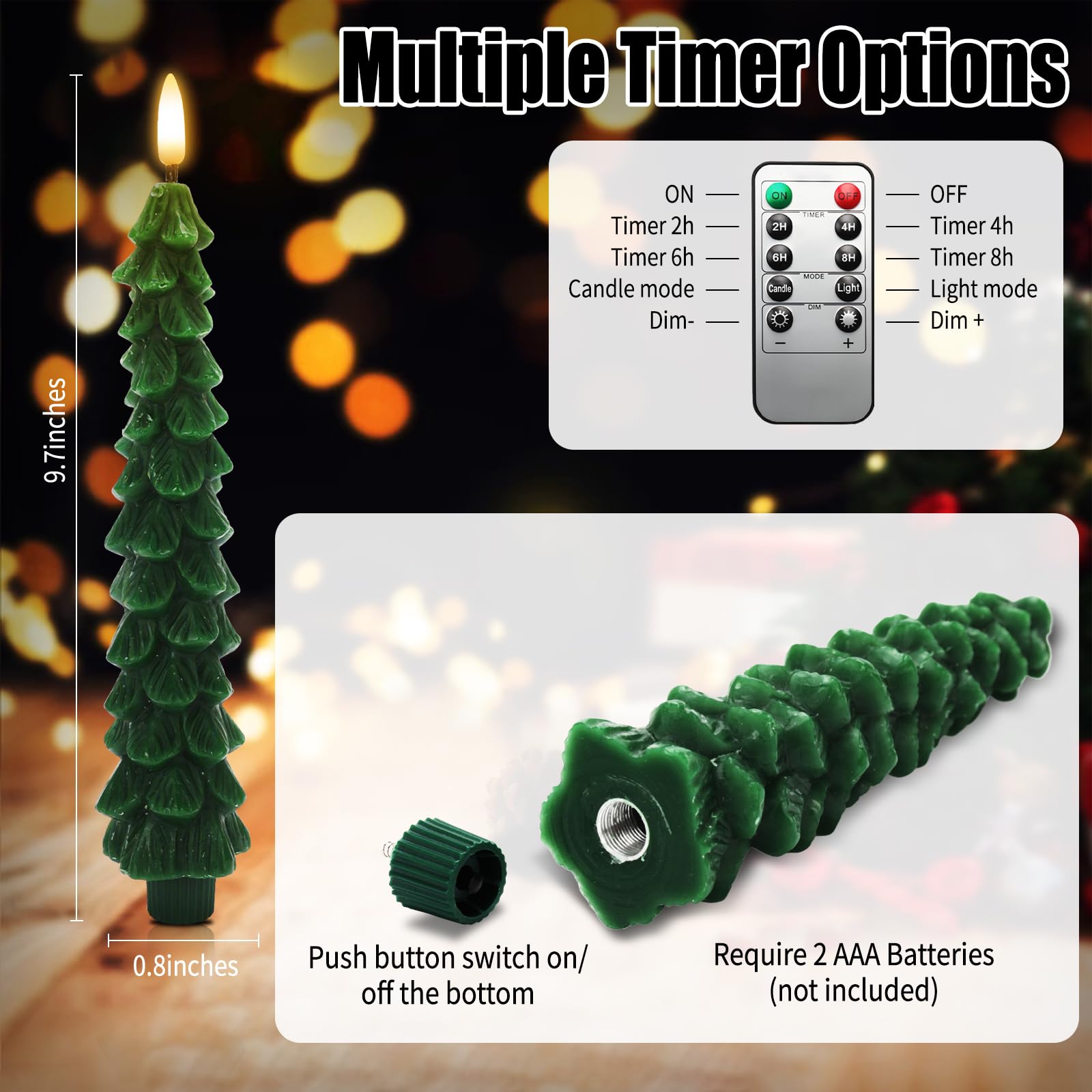 Roadtime, Candele per albero di Natale con telecomando e timer, 4 pezzi di candele LED in cera a bastoncino tremolanti, candele senza fiamma a batteria con stoppino 3D, candele verdi per decorazione