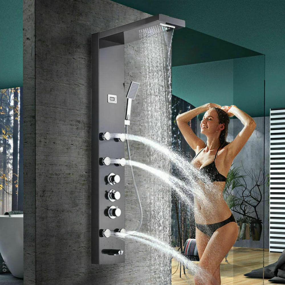WieocThermostatic Shower Panel Tower Faucet Black rain Head Spray System Massage Jet
