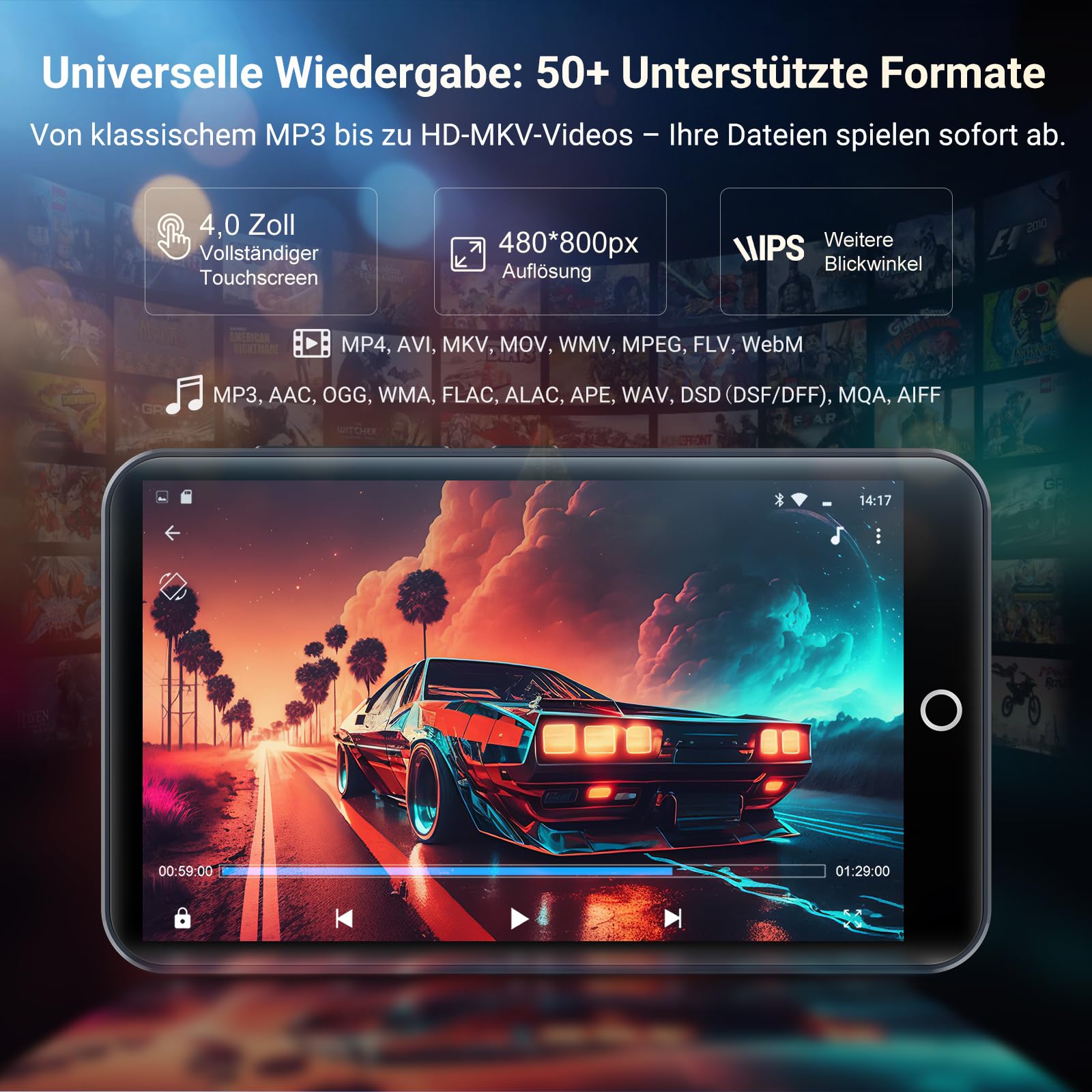 MECHEN 32GB MP3 Player Spotify mit WiFi Bluetooth, 4 Zoll Touchscreen, Android 13 MP4 Player, Audible Compatible, FM Radio, Amazon Music, Deezer, Pandora, Play Store (H10 Lite)