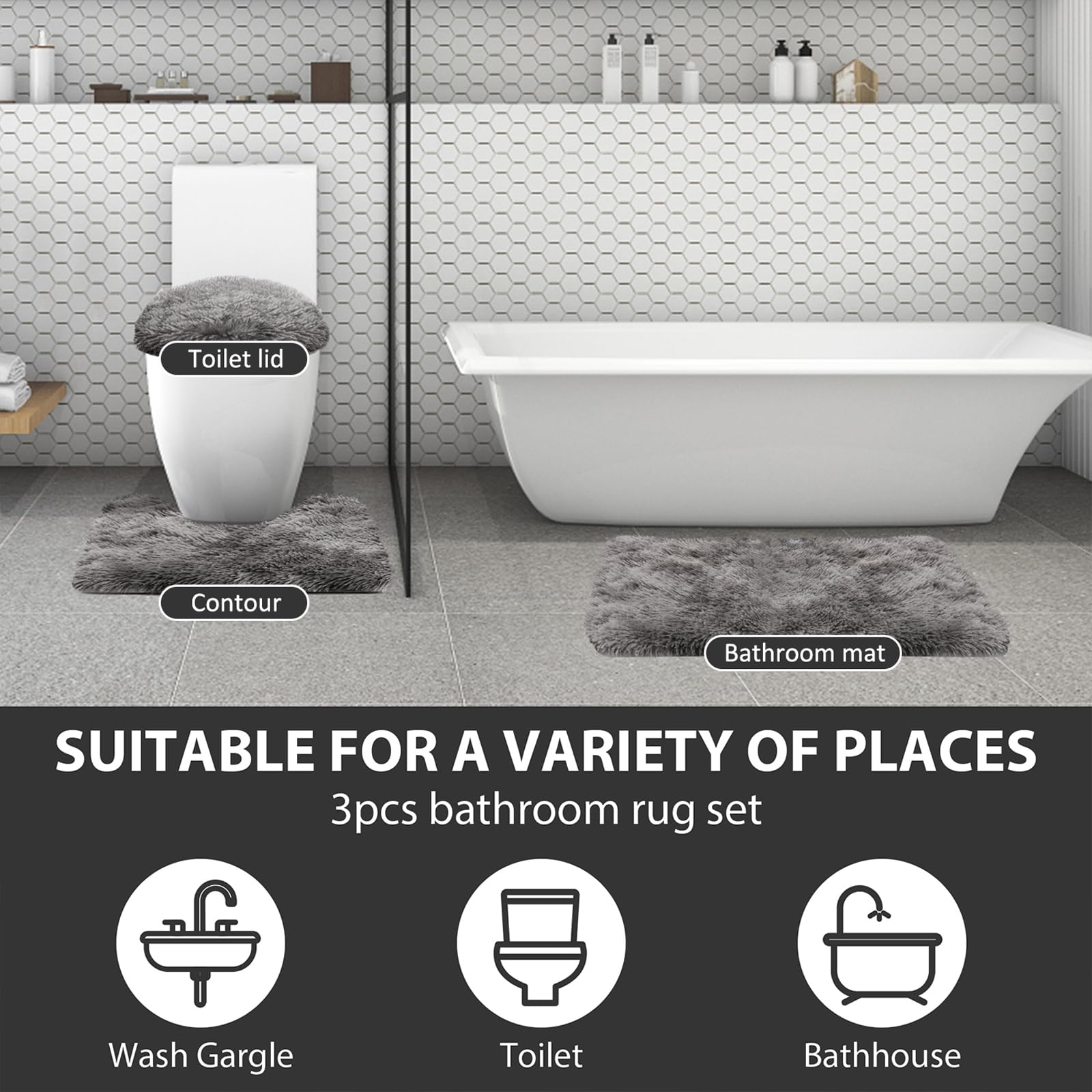 3 Piece Thicken 0.4" Bath Rugs Set, Bath Rug + Contour Mat + Toilet Seat Cover, Super Long Soft Microfiber Water Absorbent & Non-Slip Bathroom Rugs with PVC Point Rubber Backing (Grey)