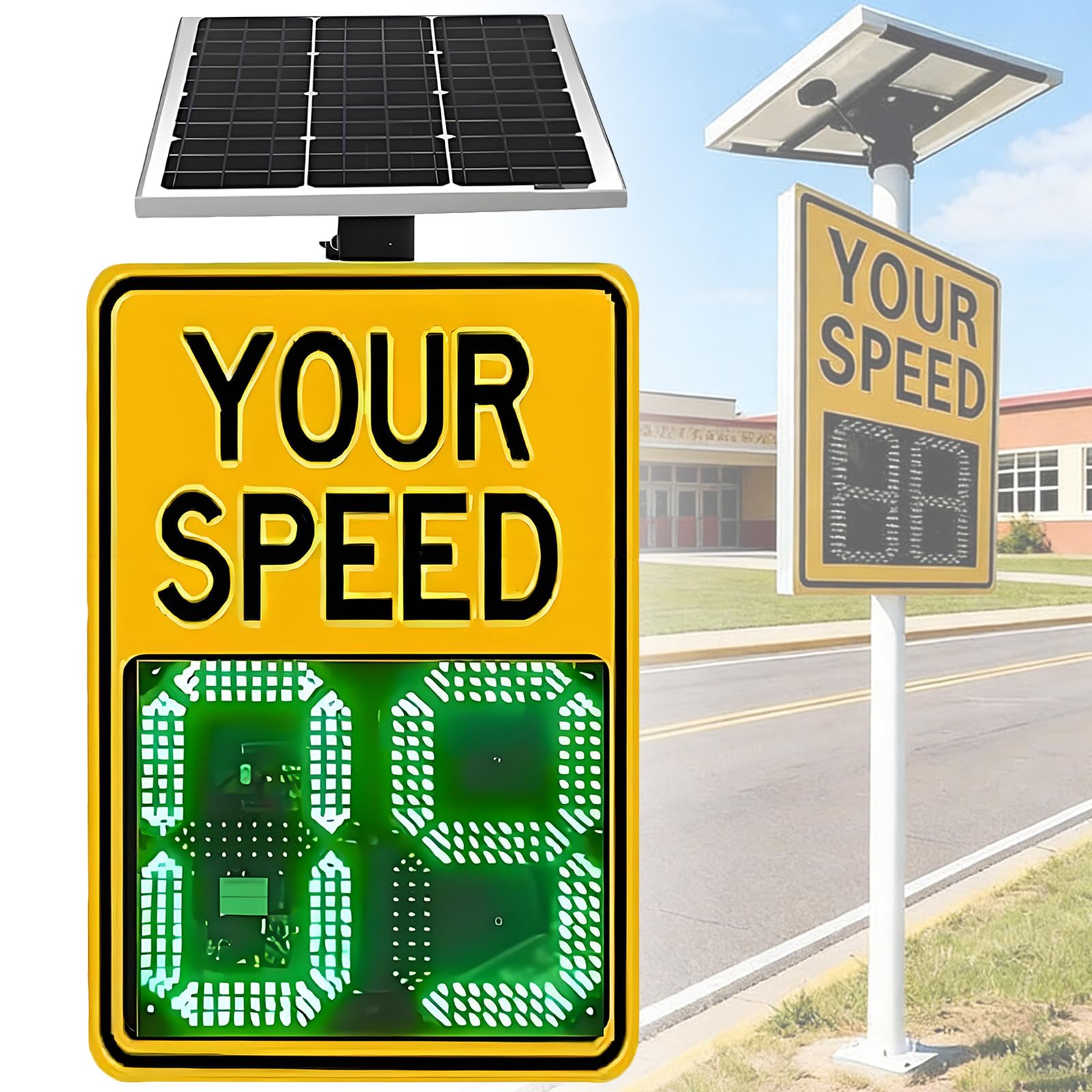 SeñAl De Velocidad Solar con Radar De 61 X 89 Cm, Detector De LíMite De Velocidad para Seguridad Vial, Alerta Roja De Exceso De Velocidad Y Alta Visibilidad Yellow