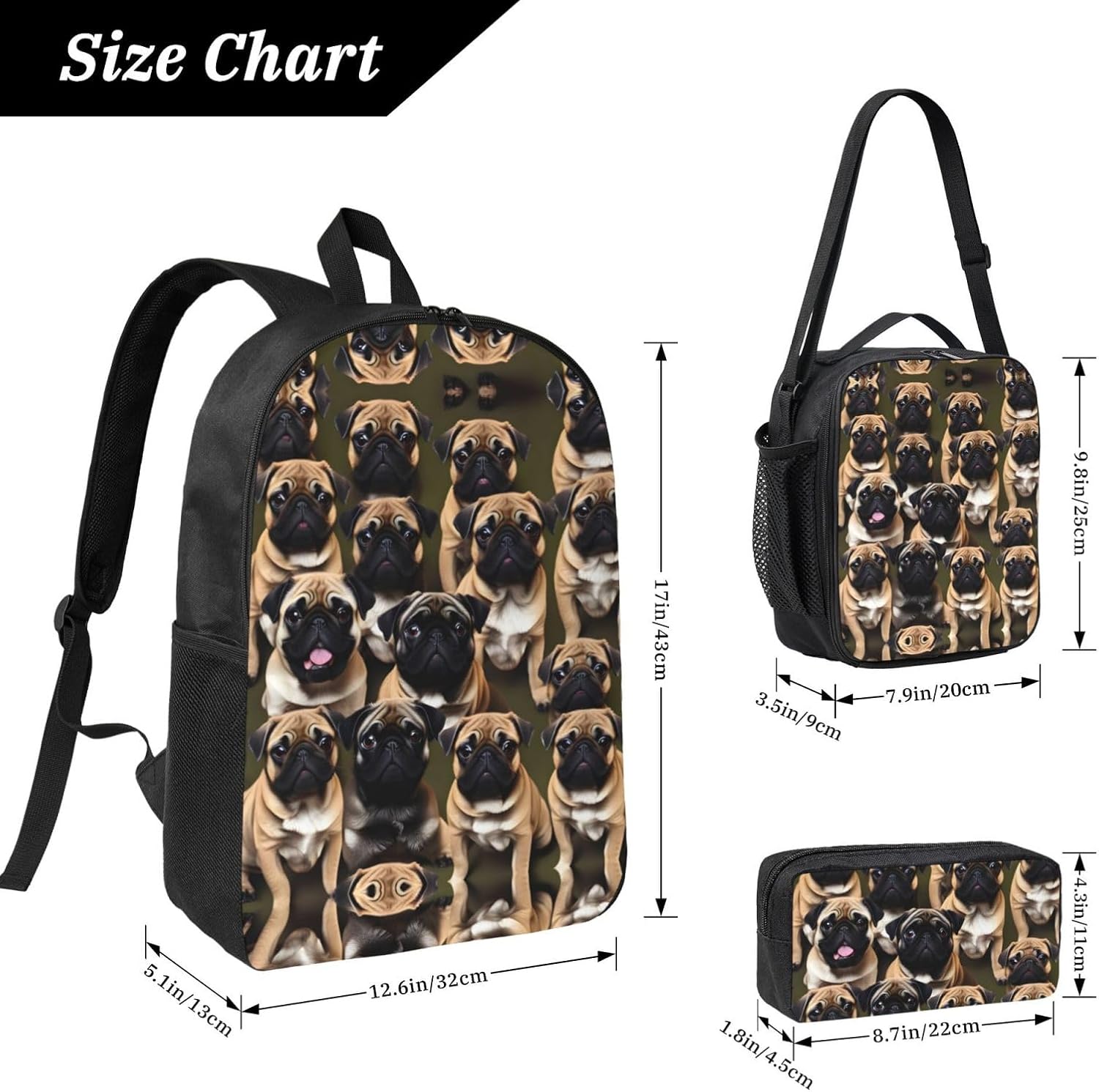 Imagen De Pug-standard print 3 Piece Backpack Bags with Lunch Box Pencil Case Set for Travel Work Camping Unisex