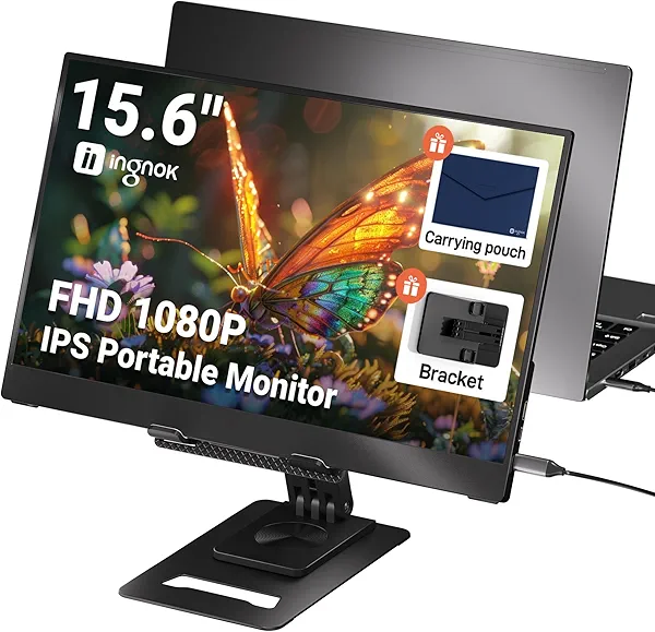 Ingnok Portable Monitor, Ultra Slim 15.6 Inch FHD IPS Laptop Screen Extender with Adjustable Stand, USB C Compatible, Ideal for Travel and Office