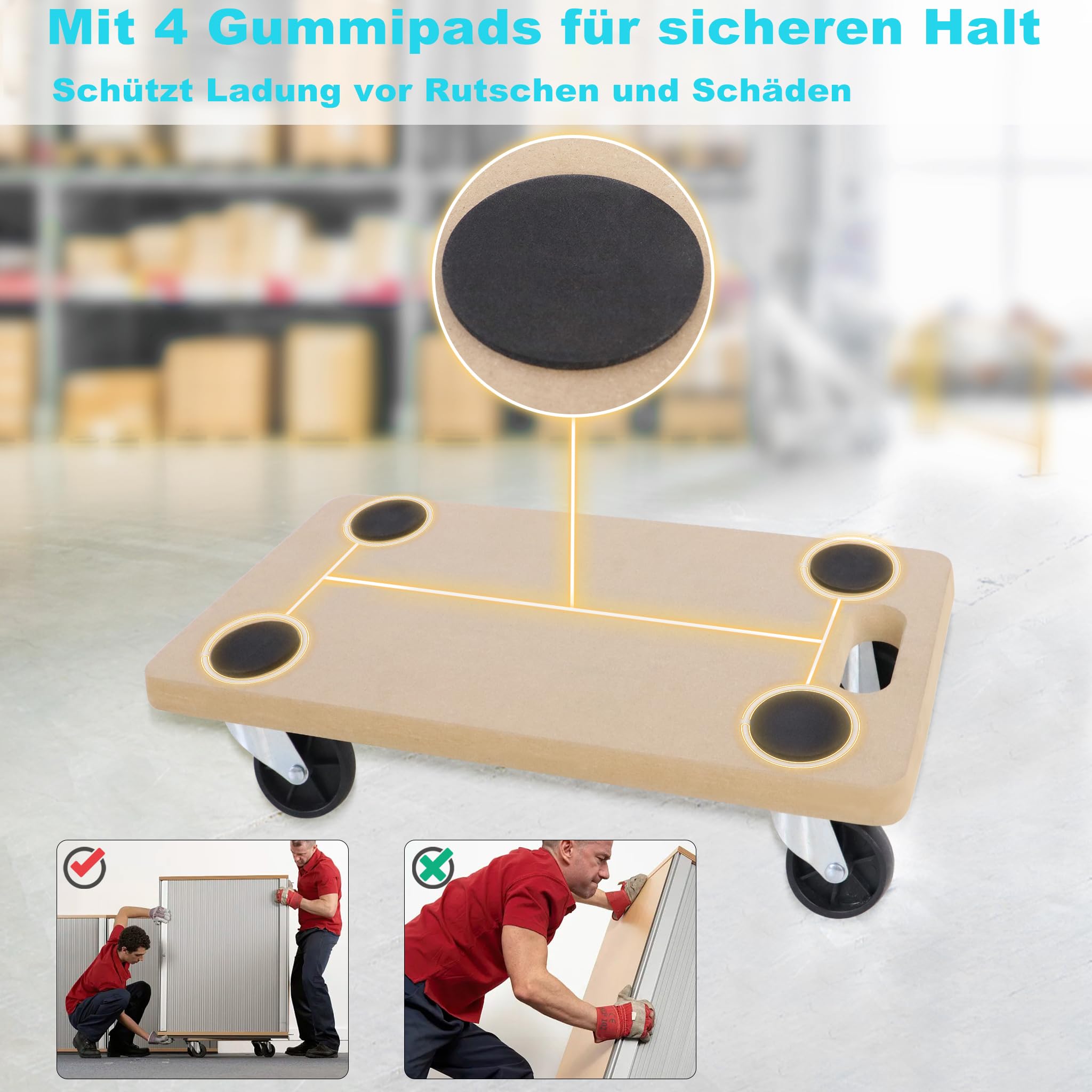4 Stück Transportroller Rollbrett MDF Möbelroller Transporthilfe Möbel Roller, mit Integrierten Handgriff und Gummipads, bis zu 200 kg Tragkraft