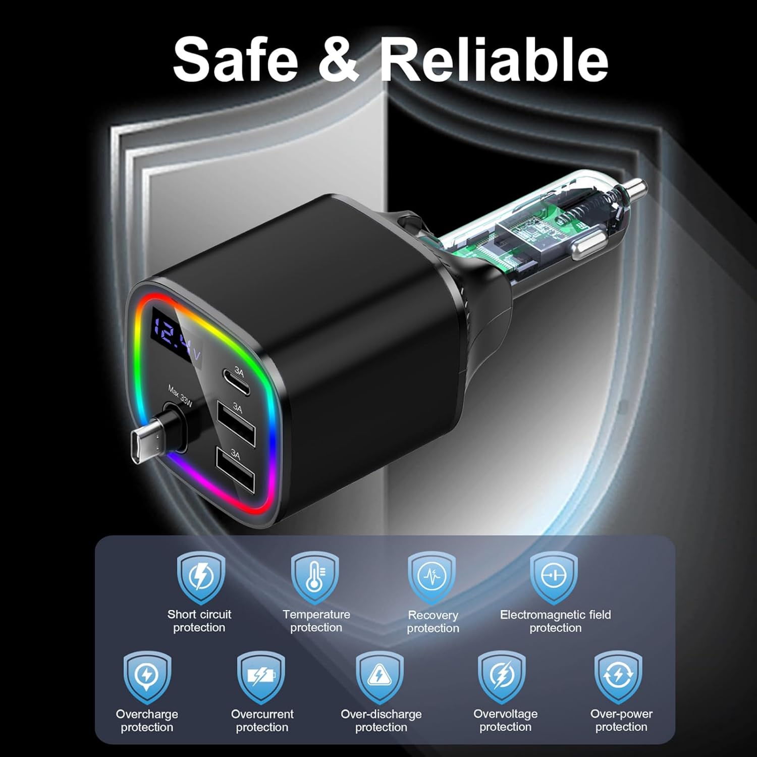 Car Charger USB C, 4in1 Car Phone Charger with USBC Retractable Cable for iPhone Android Fast Charge, AGEMANY 78W Cigarette Lighter Adapter with Voltage Display, 12V/24V Car Accessories Gift (Black)