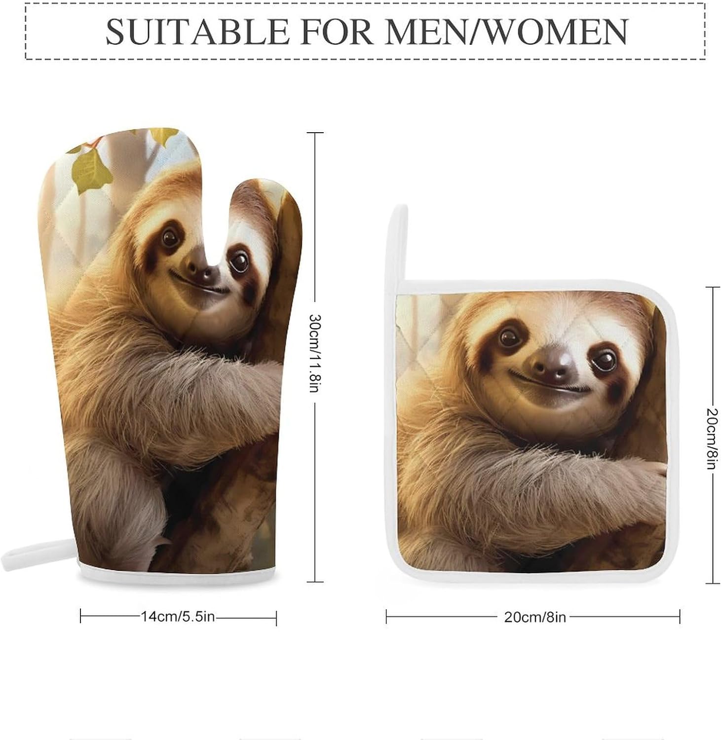 Sloth Animal 4 Pcs Oven Mitts and Pot Holders Set High Heat Resistant Long Kitchen Oven Glove Potholders
