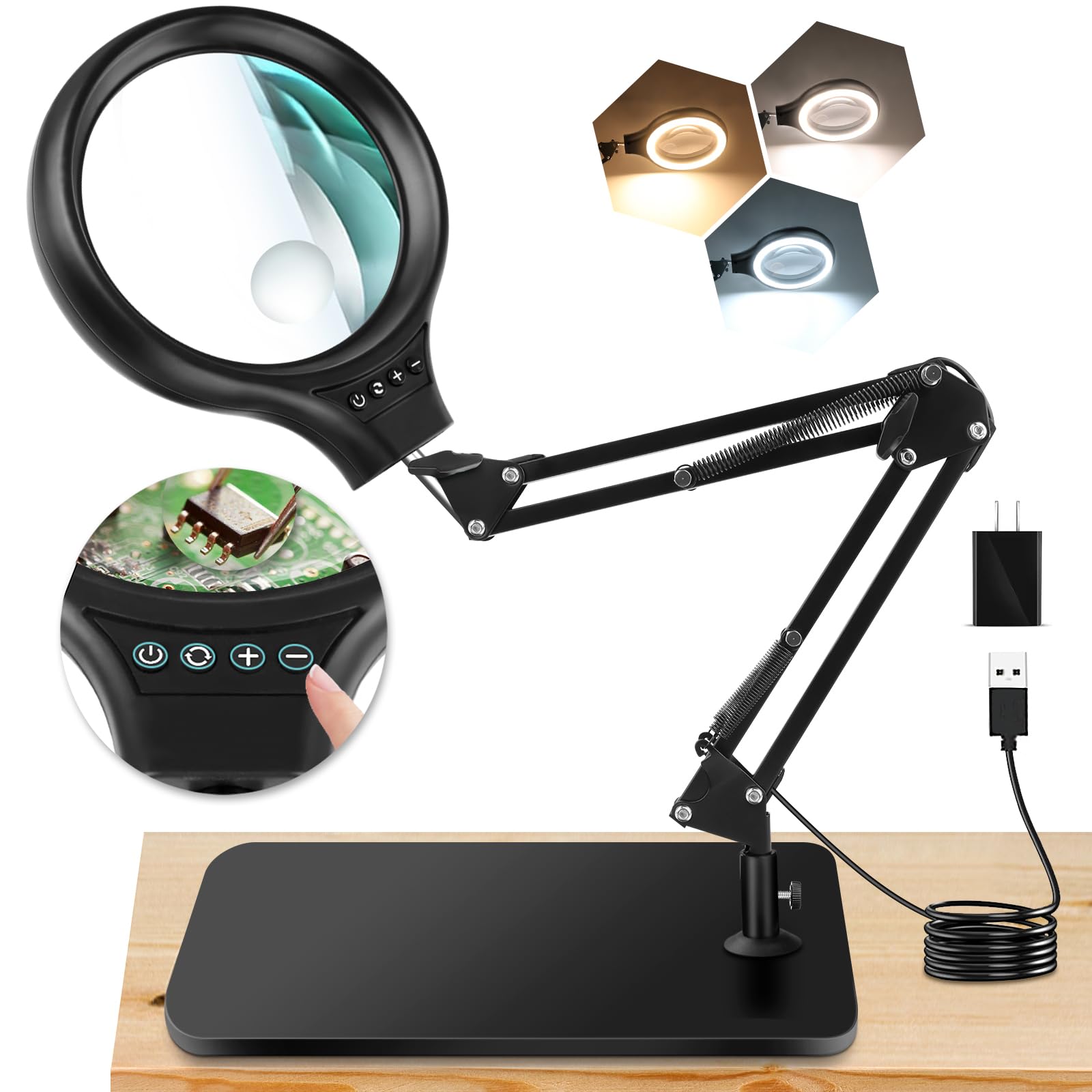 NZQXJXZ 10X 30X Large Magnifying Glass with Light and Stand, 5-inch LED Lighted Magnifier, 3 Color Modes Stepless Dimmable, Hands-Free Magnifying Glass Desk Lamp for Reading Craft Hobby Close Work