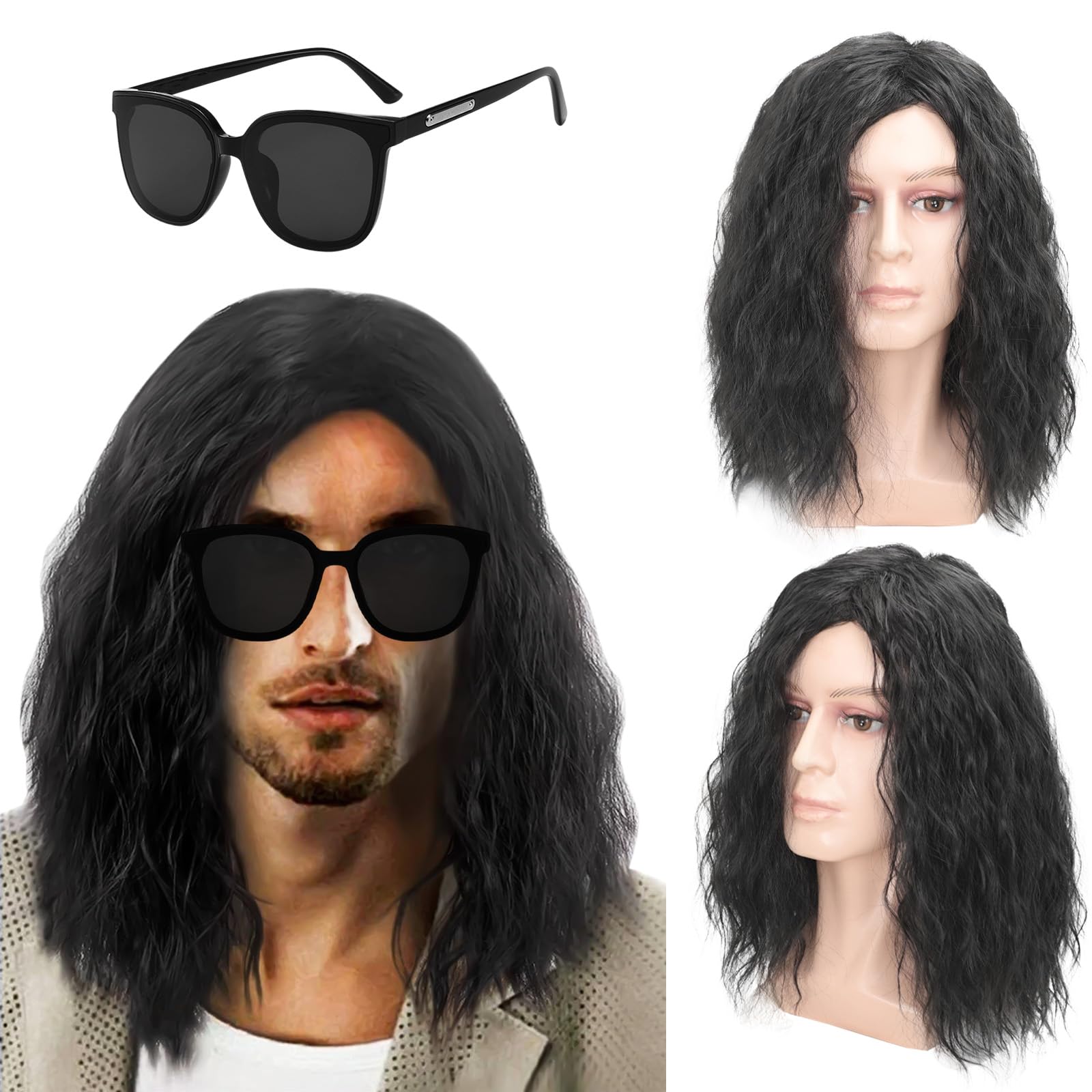 TSHAOUN Mens long Black Wig, 16 Inch/40 cm Mid Length Mens Curly Hair Wig for Adult Pop Rocking Dude Wigs and Sunglasses