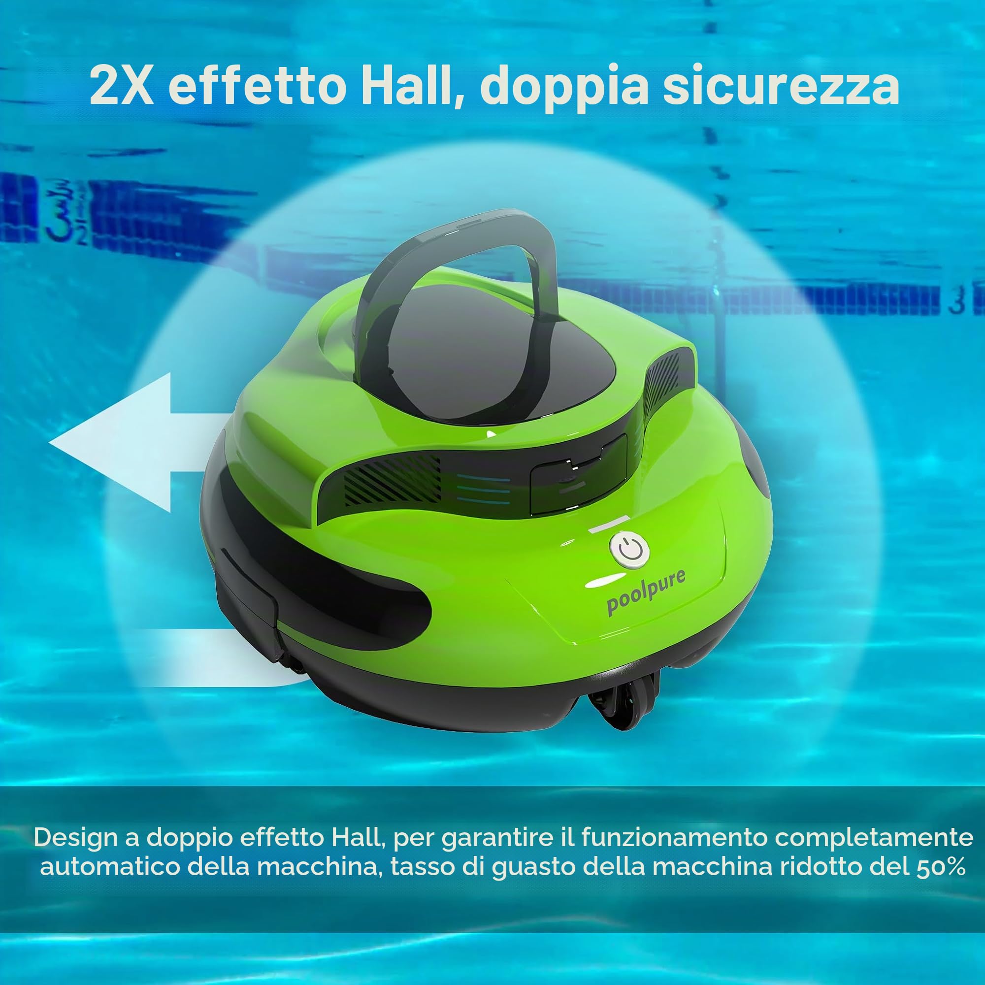 POOLPURE Aspirapolvere per Piscina, Batteria da 5000 mAh, Doppio Motore, indicatori LED, Funzione Self-Parking, IPX8, Impermeabile, Robot da Piscina Senza Fili per Piscine Piatte da 90 m²