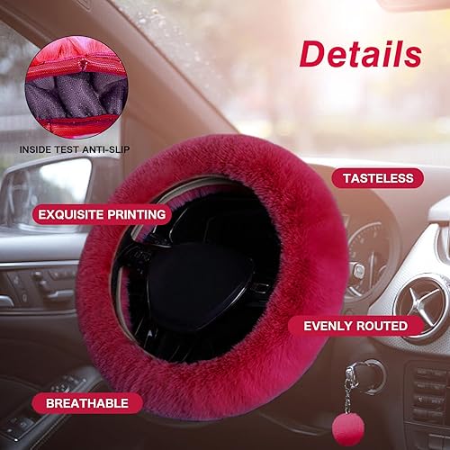 Miniatura 5 de Wazzh Juego de 7 accesorios estéticos para el interior del automóvil, funda mullida para volante de 15 pulgadas, almohadilla para reposabrazos,