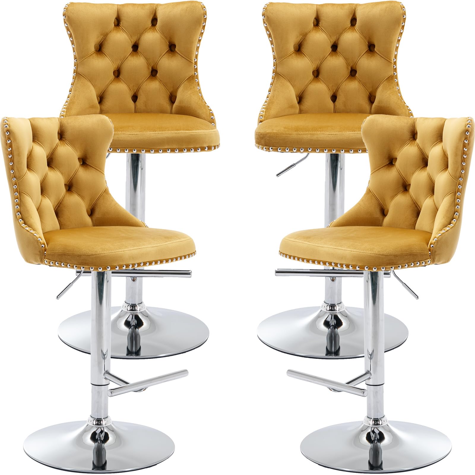 ZenNook Swivel Counter Height Bar Stools Set of 4, Gold Kitchen Island Barstools, Velvet Adjustable Bar Height Stool Chairs, Tufted Back, Silver