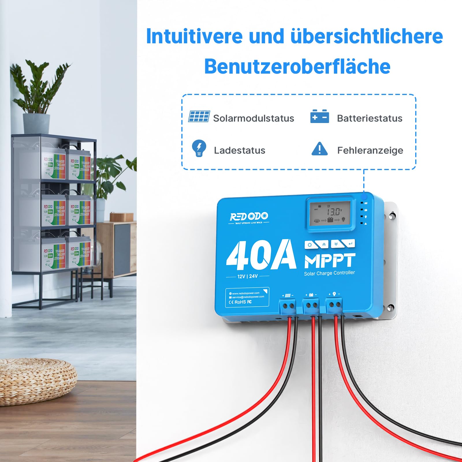 Redodo 40A MPPT 12V/24V Auto DC Input Solarladeregler mit eingebautem Bluetooth Modul, Parameter verstellbare LCD Display LED Anzeige