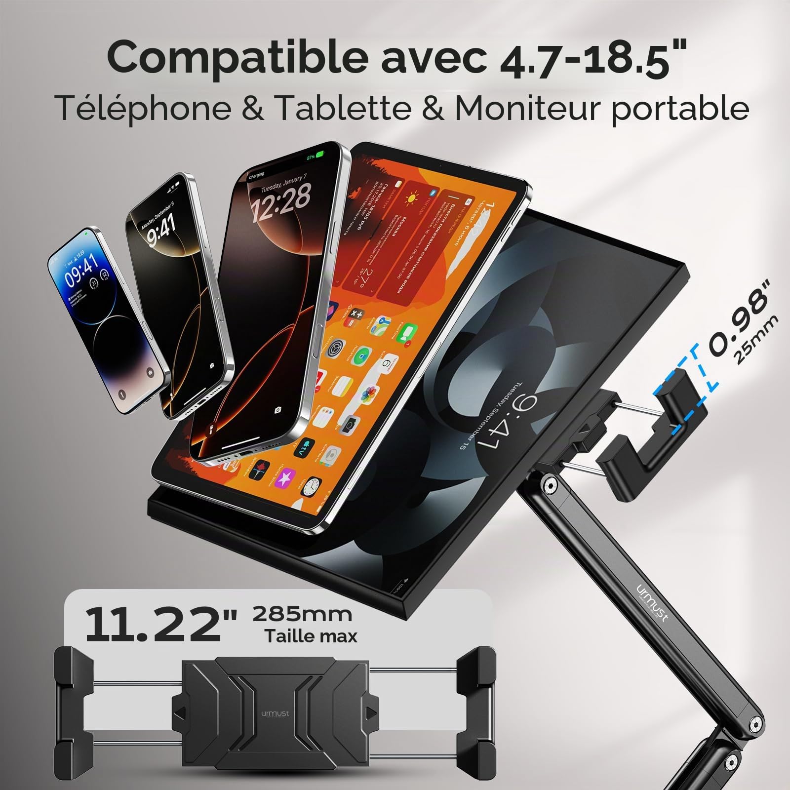 Urmust Support de Tablette en Aluminium Rotation à 360°, Support Mural réglable pour iPad, avec Bras Extensible en Aluminium réglable pour 4,7" à 18,5" iPad/Portable Monitor