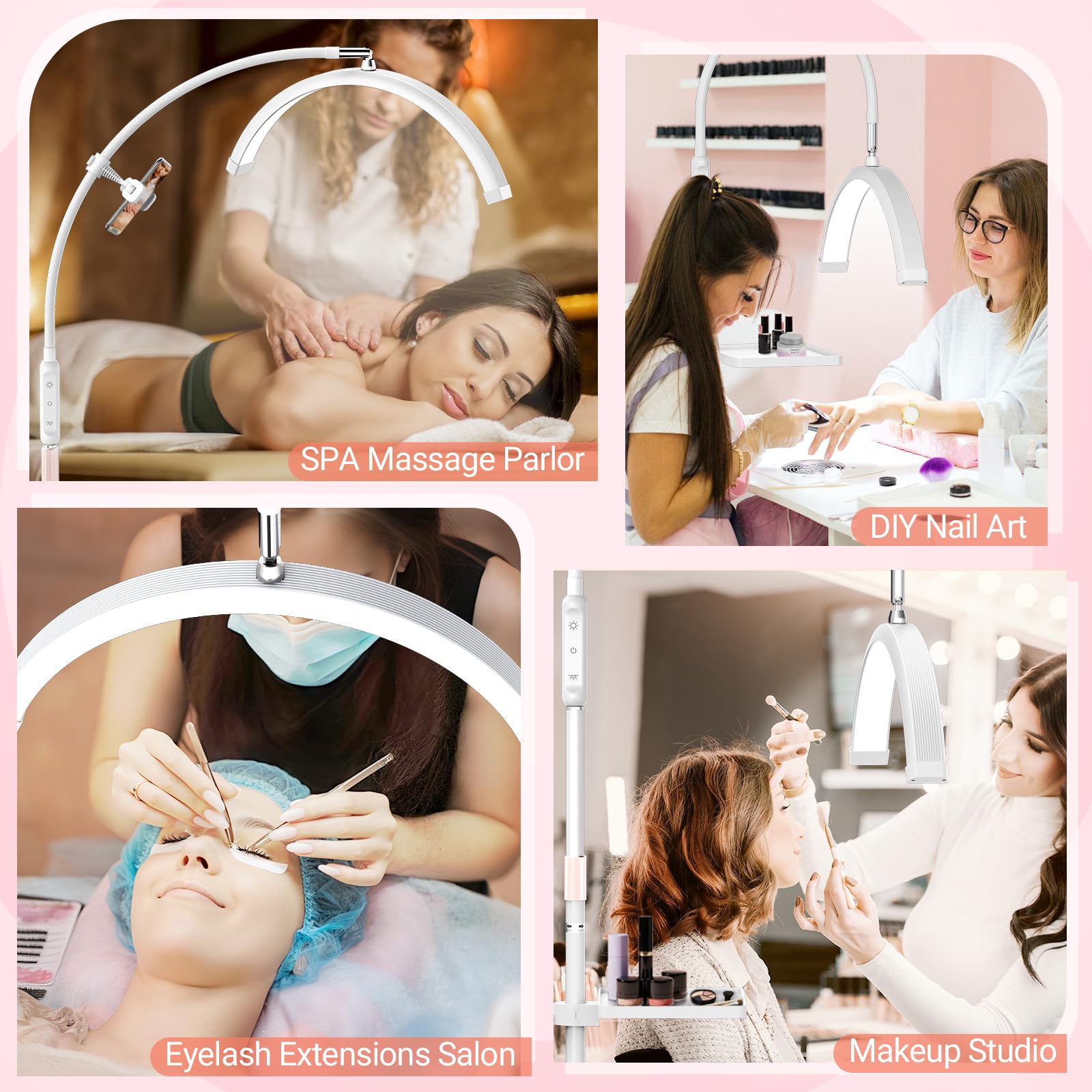 Lampara Extensiones de Pestañas: 18" Plegable Lampara LED de Pie Para Pestañas con 5 Colores Regulables & Rotación de 360° para Salón, Hogar, Blanco