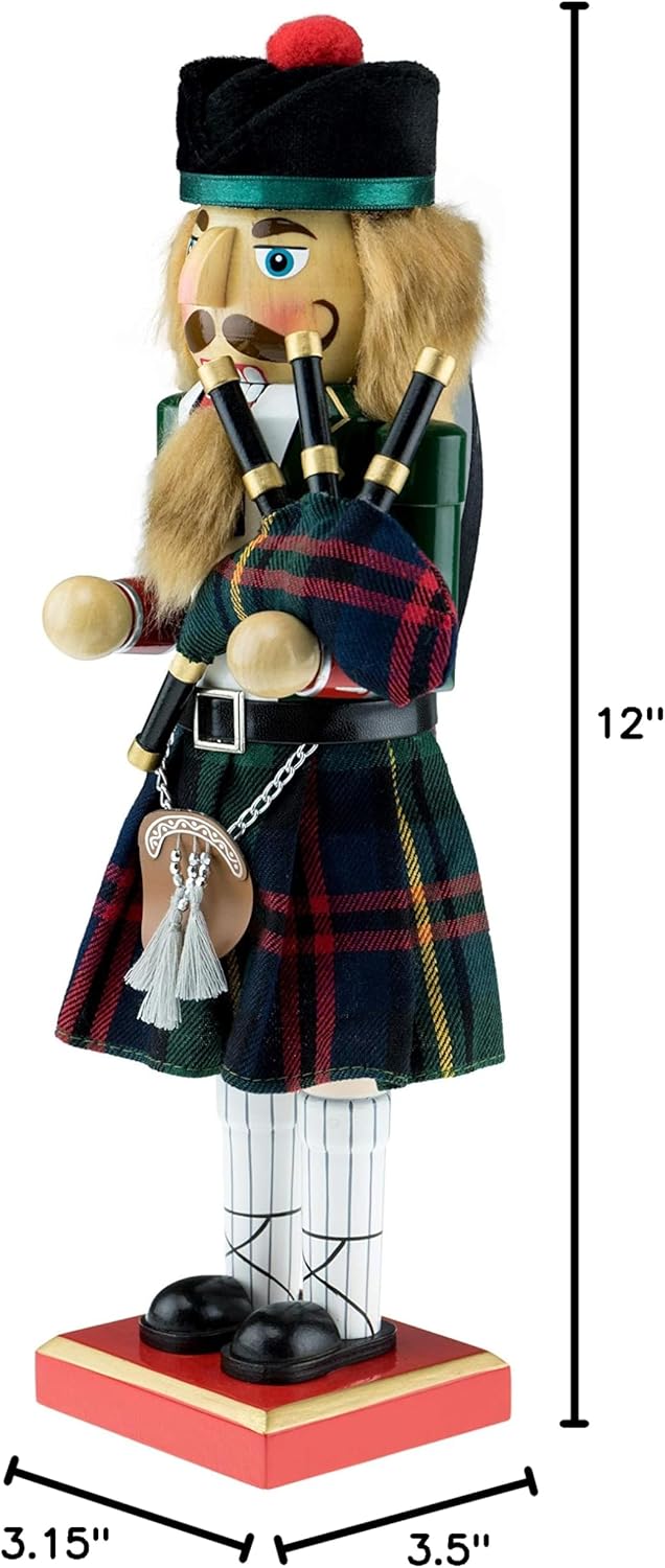 Clever Creations Green Scottish Bagpiper 12 Inch Traditional Wooden Nutcracker, Festive Christmas Décor for Shelves and Tables