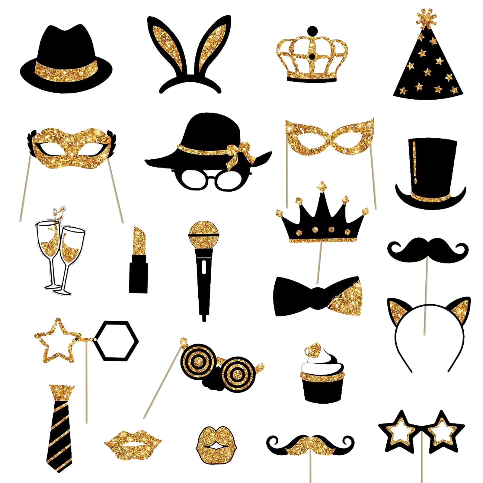 SRTSTR 24 Pcs Accesorios Photocall Cumpleaños Photo Booth Props, Accesorios Photocall Comunion, Accesorios Photocall para Fiesta Mixtos Copa de Vino, Pintalabios, Corbata (Oro Negro)