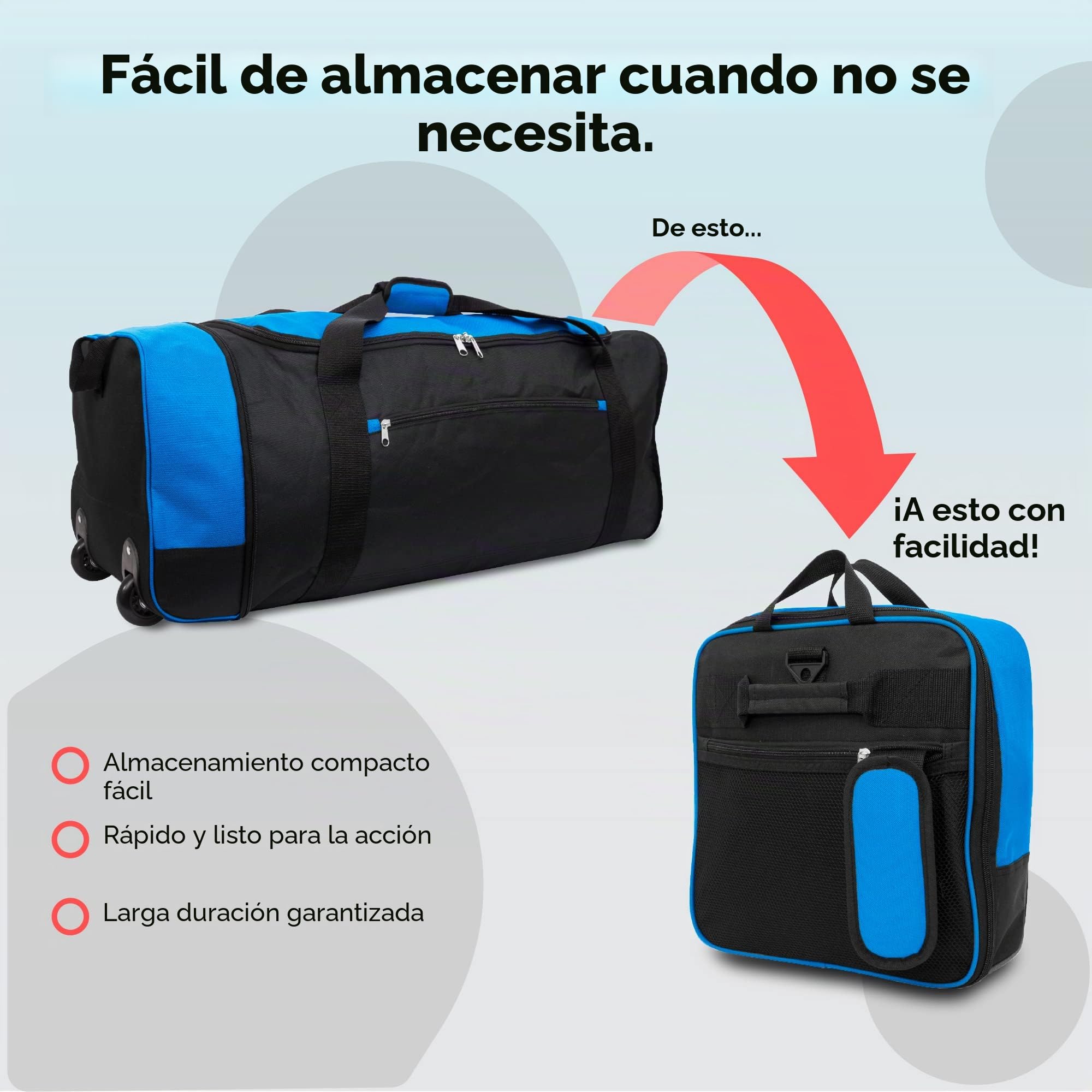iN Bolsa de equipaje plegable de viaje con ruedas de plástico. Úsalo como maleta o mochila ligera. Ideal para viajes, kit deportivo y equipo., negro/azul, 32 x 30 x 10 cm, Bolsa grande con ruedas