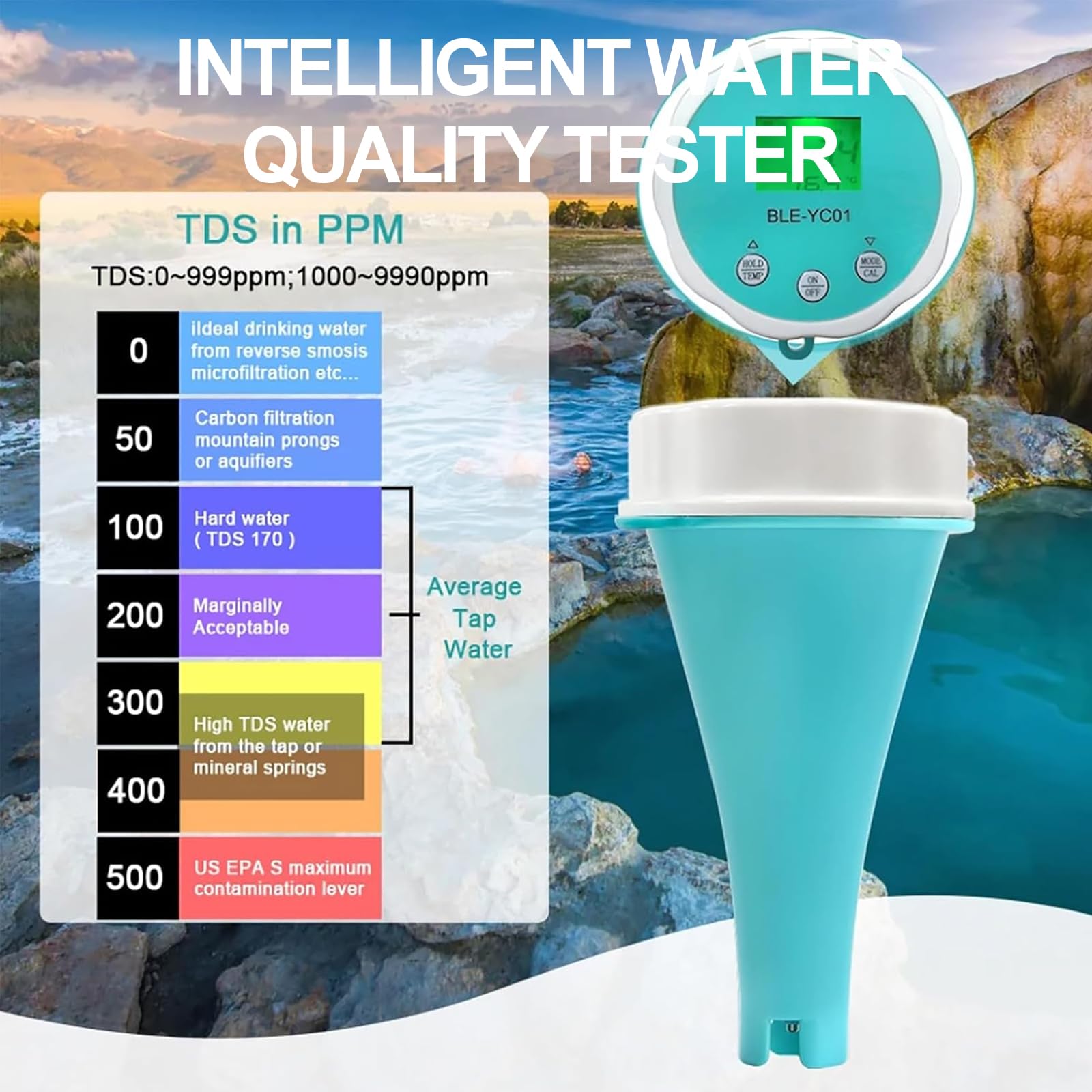 Tester di qualità dell'acqua 6 in 1 con calibrazione automatica, connessione app e archiviazione dati, misura pH, CL, CE, TDS, ORP e temperatura per acquario, acqua potabile e piscina