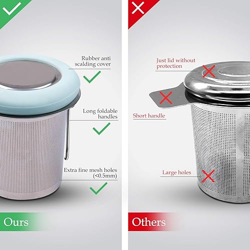Miniatura 4 de Fenshine Infusor de té de acero inoxidable con mango plegable, filtro de té, filtro de malla extrafina, cesta de preparación con tapa para té de