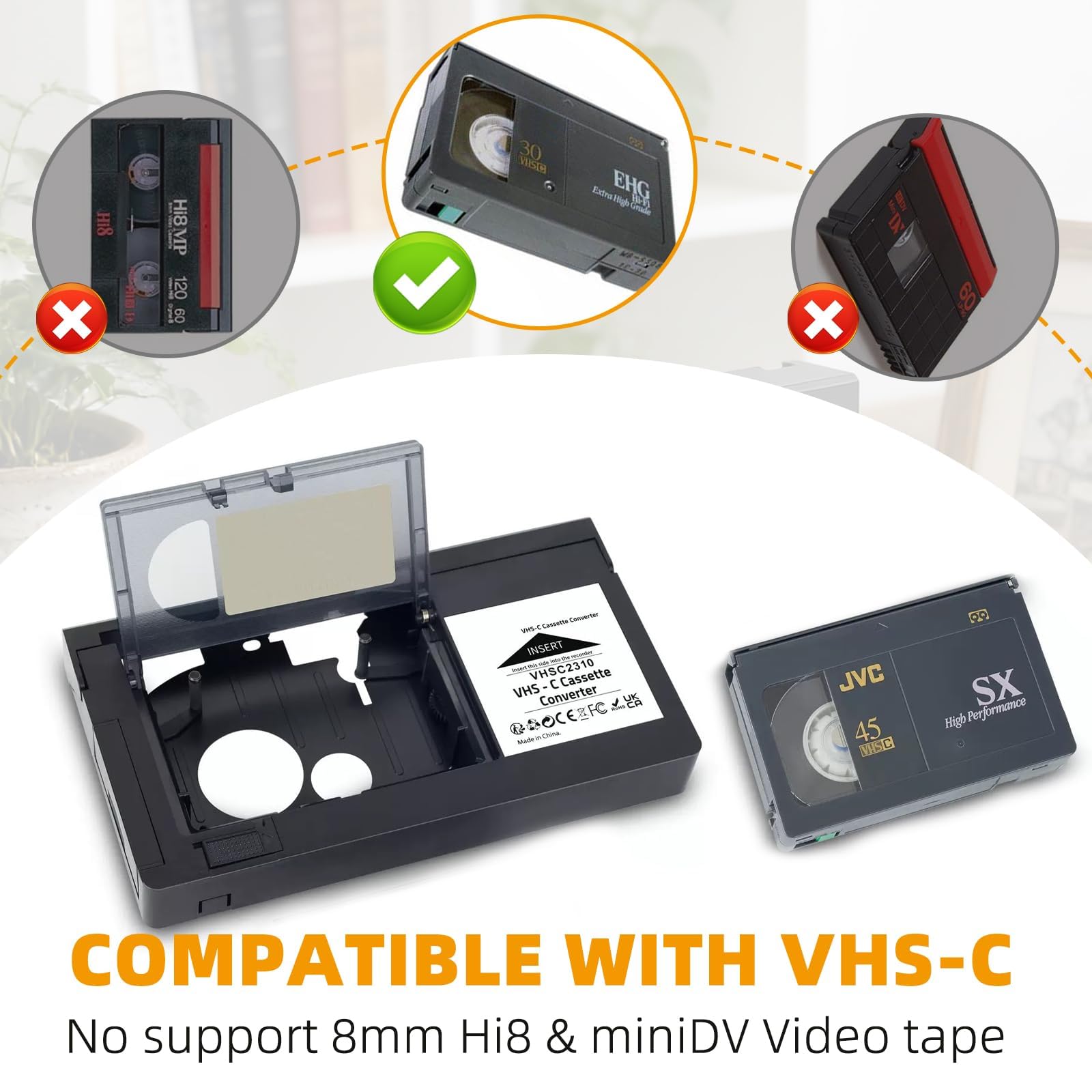 Adaptador de cassette VHS-C, convertidor de cassette compatible con S-VHS-C S-VHS