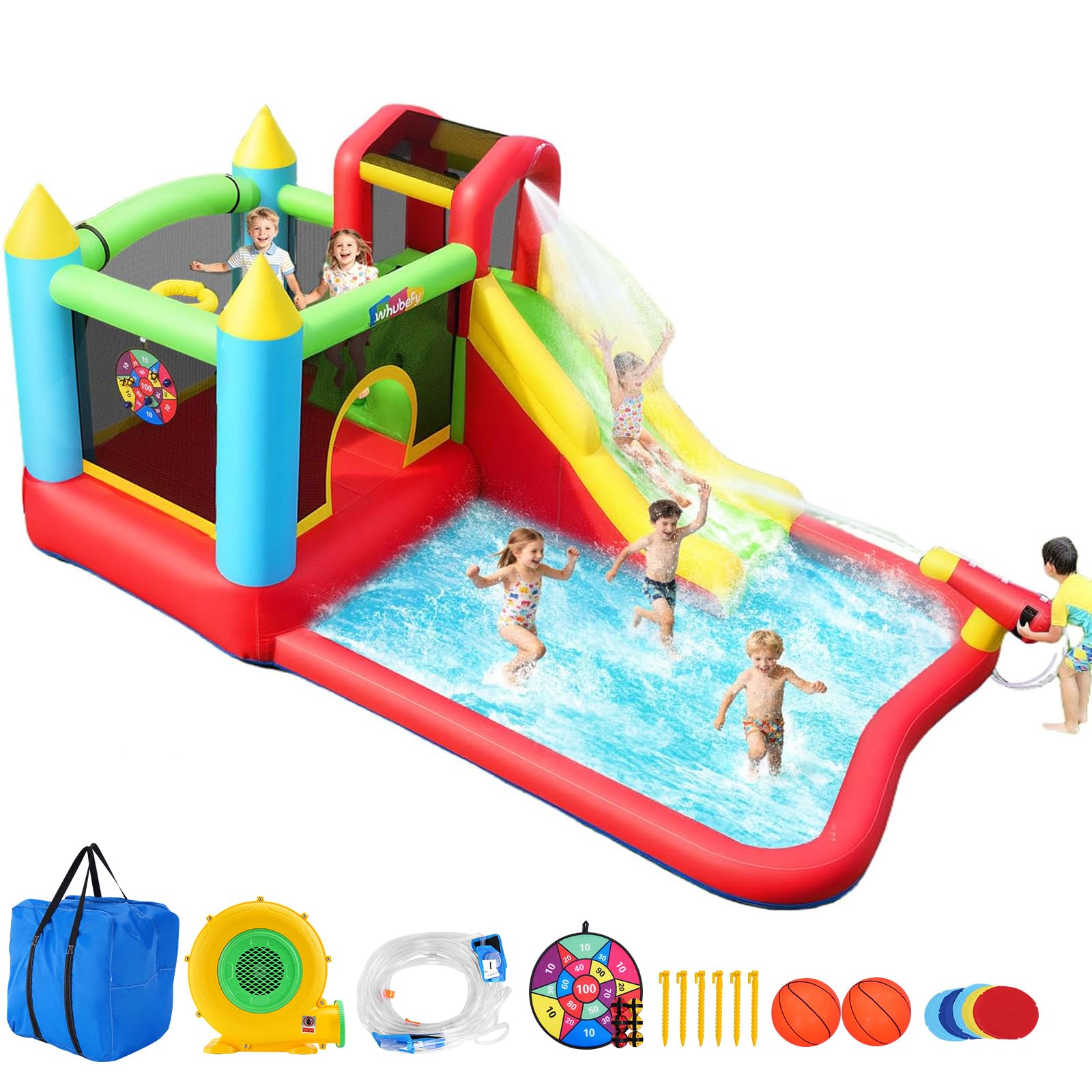 Castello gonfiabile per bambini,Con Scivolo,Castello d’Acqua Set, Trampolino, Piscina e Canestro da Basket, ottimo regalo per la festa in giardino nel parco acquatico, con ventilatore