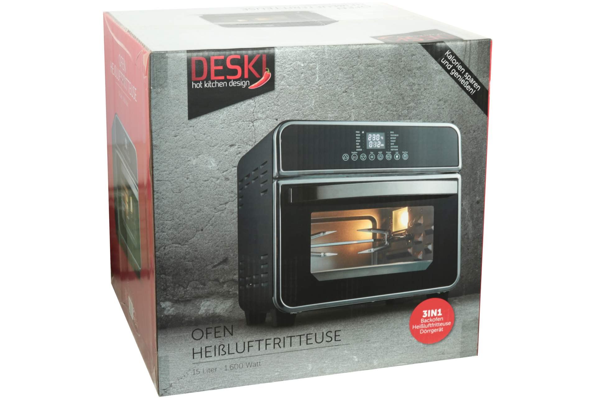 Deski HOT KITCHEN DESIGN Ofen Heißluft Fritteuse 15 Liter schwarz 1600 Watt 3in1 Multifunktion, 401274