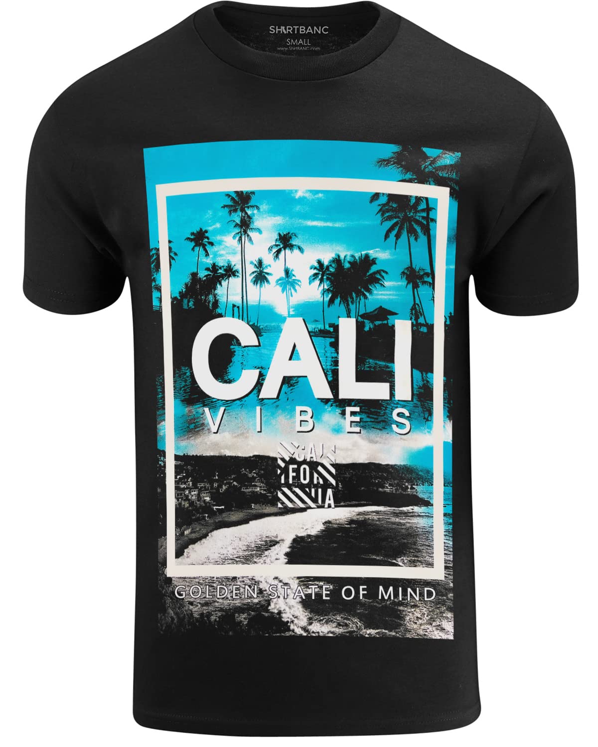 ShirtBANC Mens Cali Vibes Shirt Golden State of Mind Beach and Palm Tree Tee