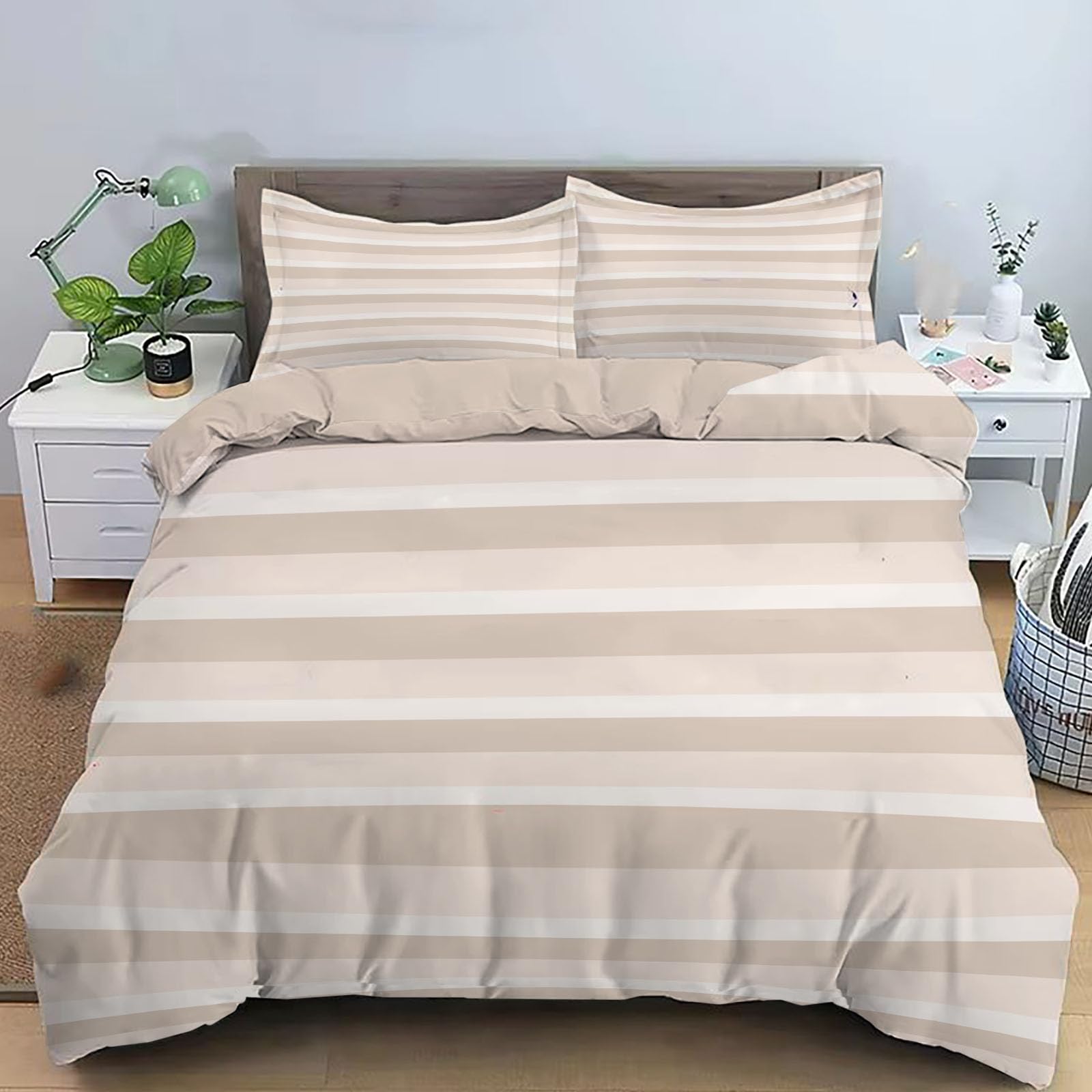 Juego de Funda Nórdica 150x220cm 3 Piezas para Cama, Horizontal Rayado Microfibra de Poliéster Suave Transpirable Moderno, Incluido 1 Funda Edredón y 2 Fundas de Almohada, marrón Beige
