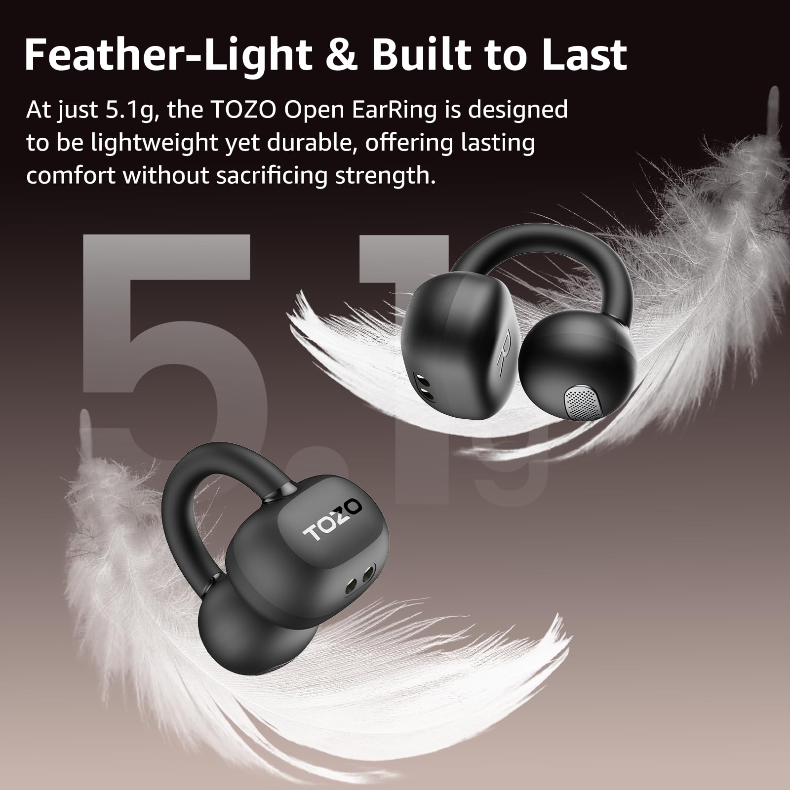 TOZO Openearring kabellose Bluetooth 5.4-Kopfhörer,personalisierbare EQs per APP,40 Std Akkulaufzeit,Typ-C und IPX5,LED-Display,ultraleichter Clip 5.1g,ideal für Büro,Anrufe und Sport,Dunkel Schwarz