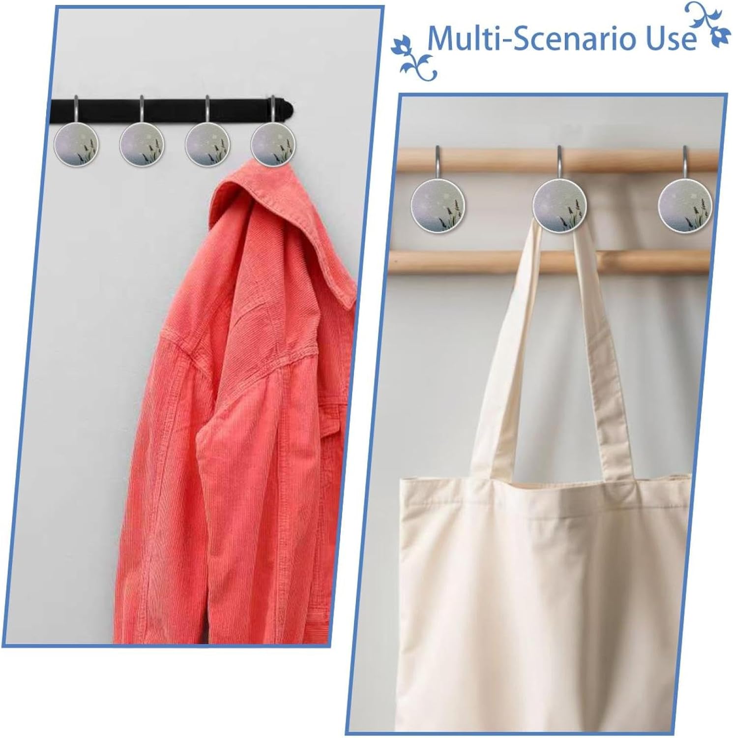 Muted Lavender and sage Green Round Crystal Glass Decorative Shower Curtain Hooks with 3D Pattern Visual, Rust Proof Shower Curtain Rings-12 Pack