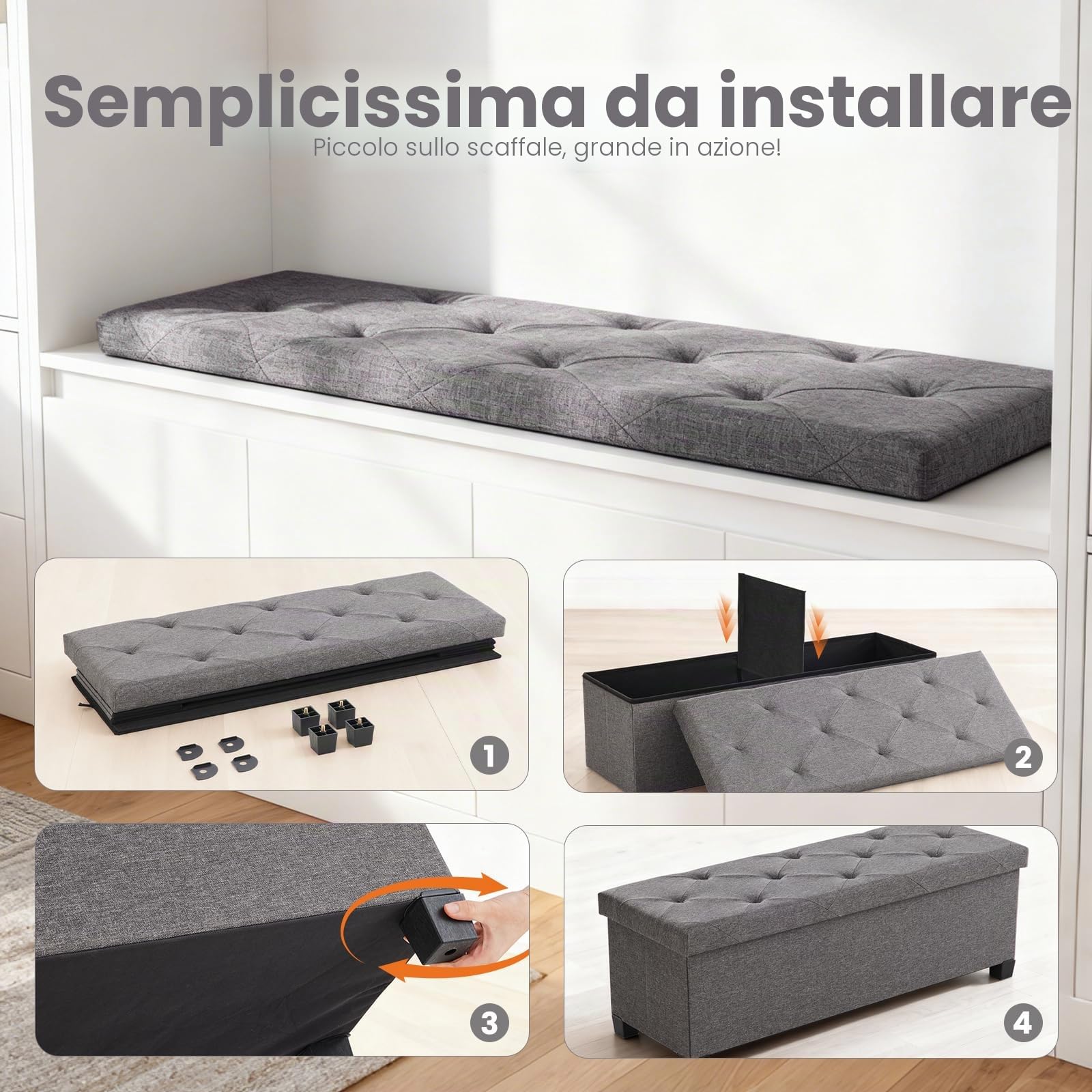 Sweetcrispy Panca con vano portaoggetti, panca con gambe, 110 x 38 x 38 cm, pieghevole, contenitore con coperchio, portata fino a 300 kg, per soggiorno, camera da letto, corridoio, grigio scuro