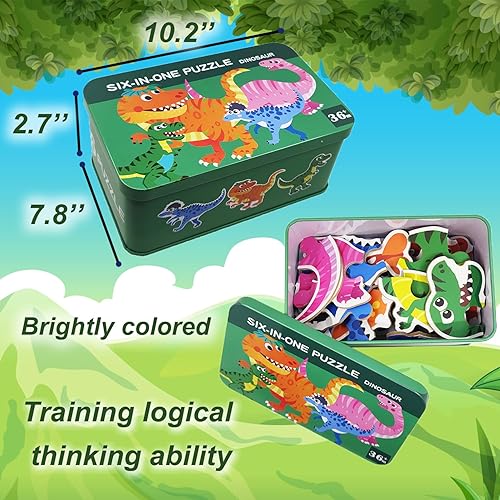 Miniatura 6 de Paquete de 6 rompecabezas de madera de dinosaurios para niños pequeños, actividades de aprendizaje preescolar, juguetes para niños de 3, 4, 5,
