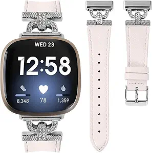 Luxe Leather Bands Compatible With Fitbit Versa 4/Versa 3/Sense 2/Sense Bands For Women D-shaped Bling Metal Buckle Replacement Straps.