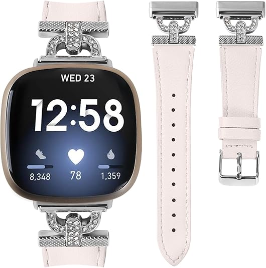 Luxe Leather Bands Compatible With Fitbit Versa 4/Versa 3/Sense 2/Sense Bands For Women D-shaped Bling Metal Buckle Replacement Straps.