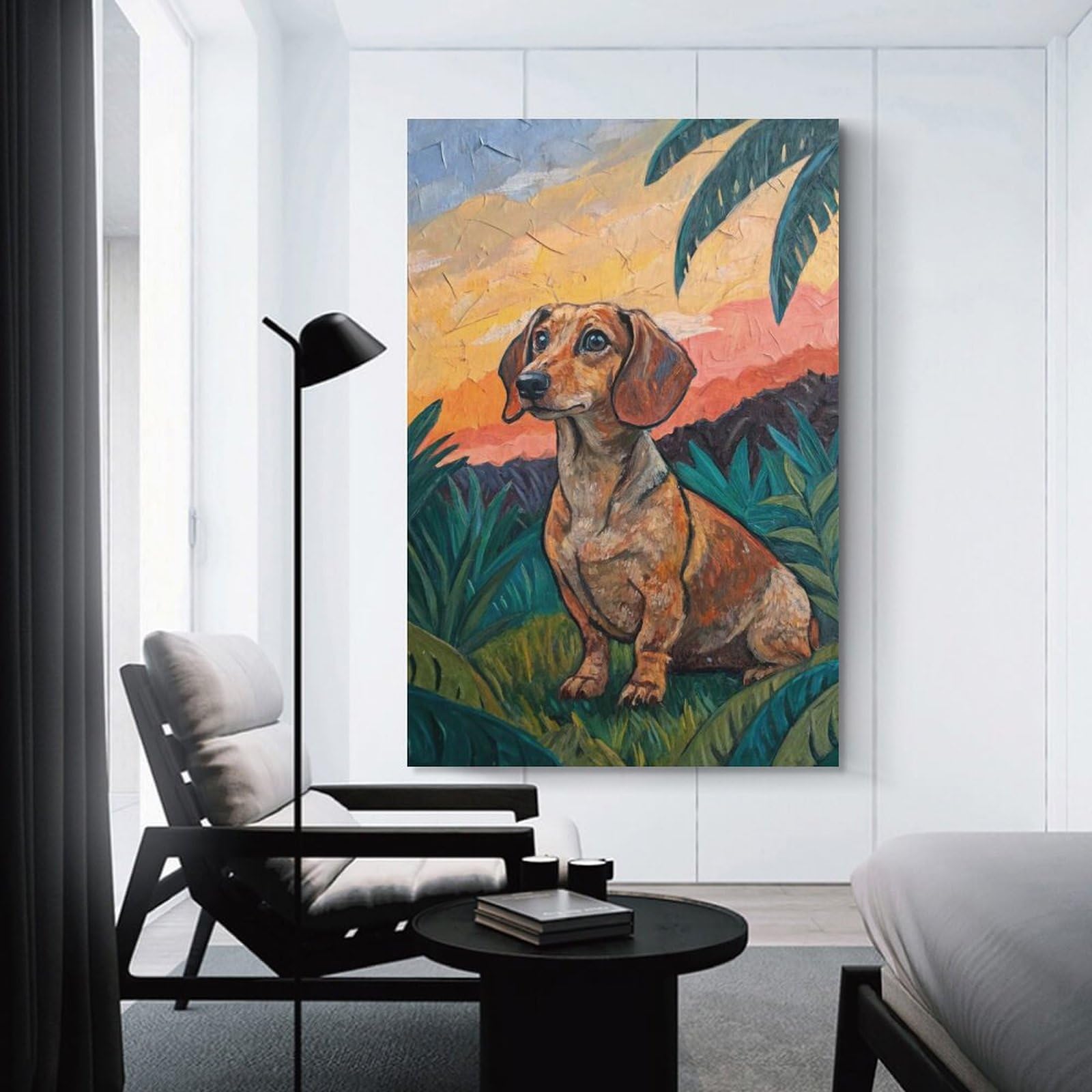 Junmoney Decorative Canvas Print Dachshund in A Tropical Sunset, 24x36inch(60x90cm), for Home Office, Desk Area Or Studio, Home Office Artwork with Decorative Appeal