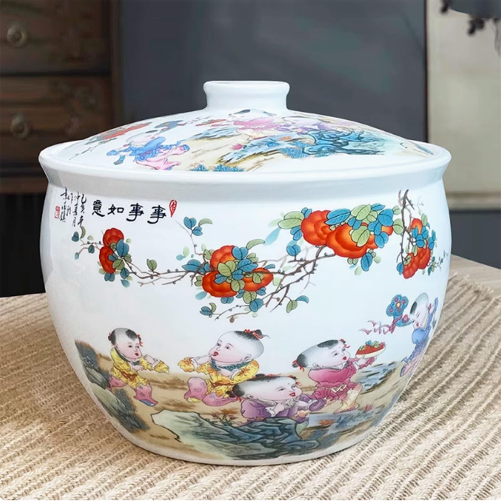 Ceramic Rice Jar, Ceramic Rice Jar with Lid, Ceramic Rice Storage, Grain Storage Container, Chinese Ceramic Rice Jar, Household Rice Bucket, Grain Dispenser Food Storage Jar, Ceramic Storage Container