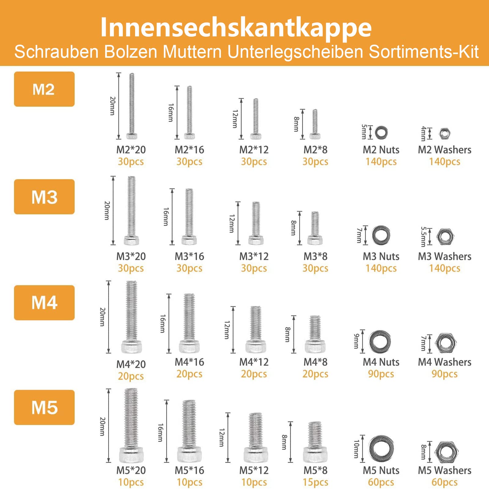 VIGRUE Set di 1225 viti M2 M3 M4 M5, viti a testa esagonale con viti filettate con dadi, viti esagonali, in acciaio inox