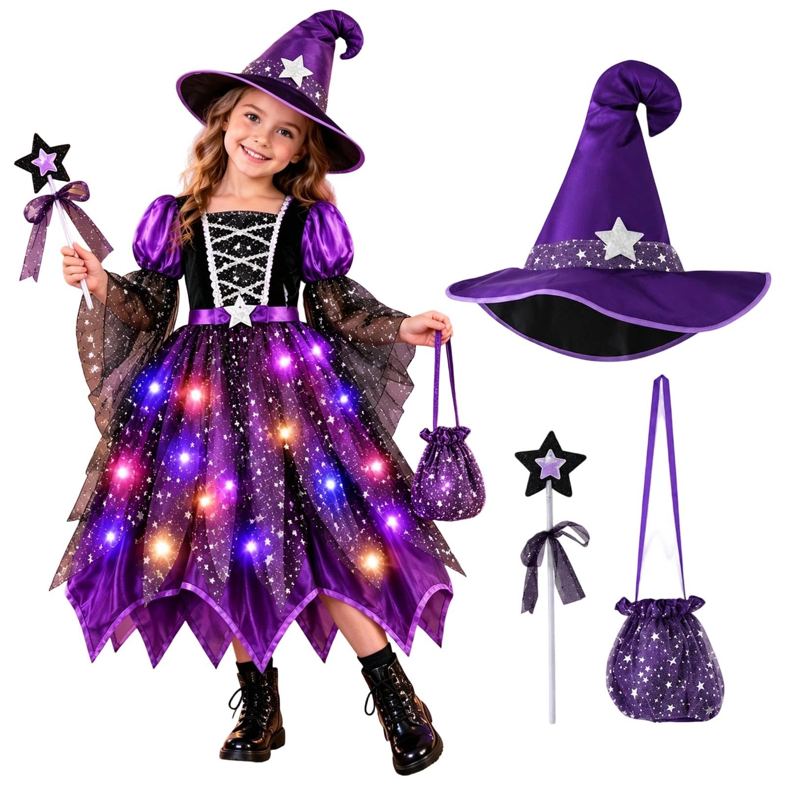 Witch Costume Kids Girls Halloween Cosplay Fancy Dress Set Witches Outfits — image 1