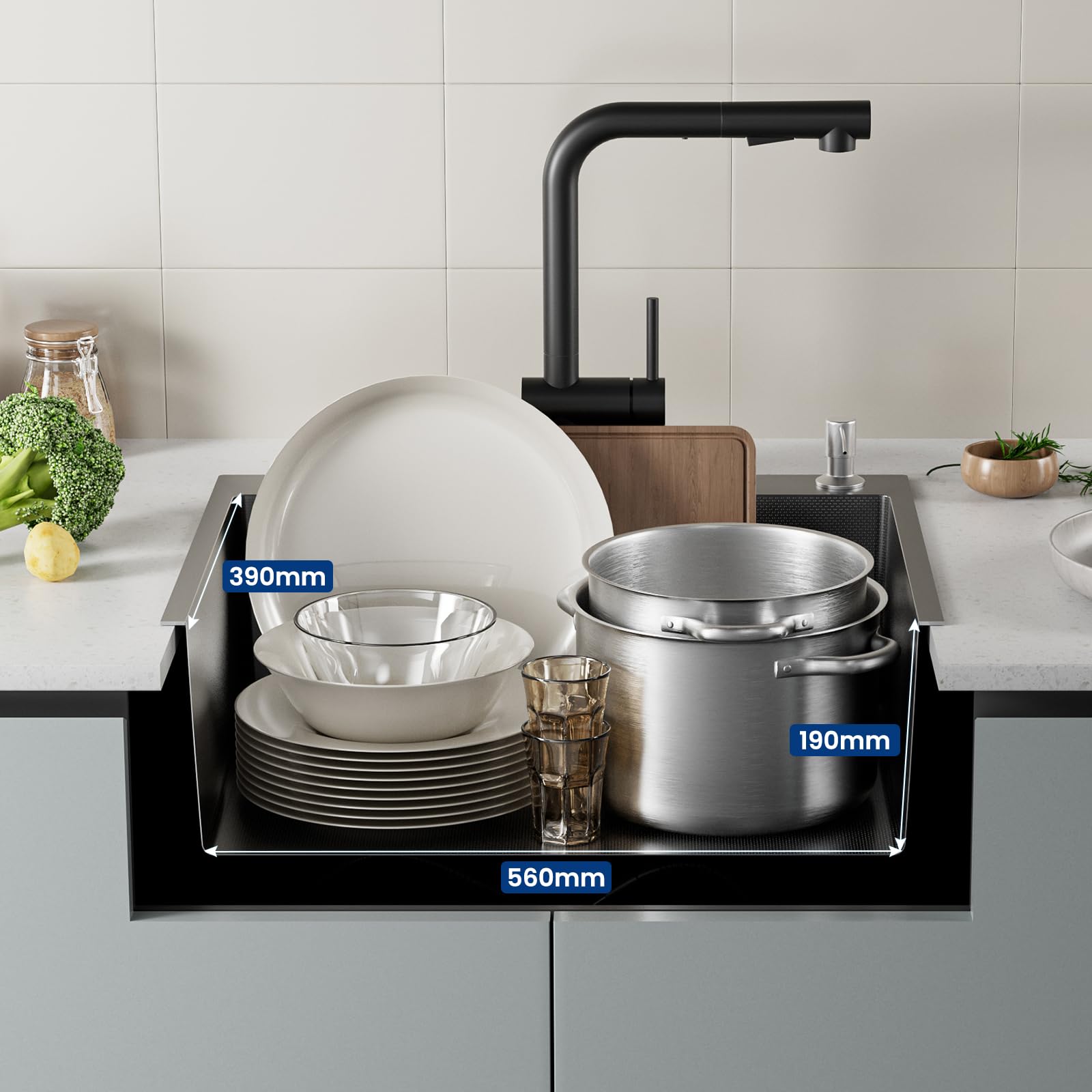 CECIPA 60x49 cm Lavello Nero 1 Vasca in Acciaio Inox, Lavandino Cucina 1 Vasca con Dispenser Sapone e Cestello, Lavello Cucina per Mobile da 60cm, da Incasso o Banco, con Sifone e Scarico